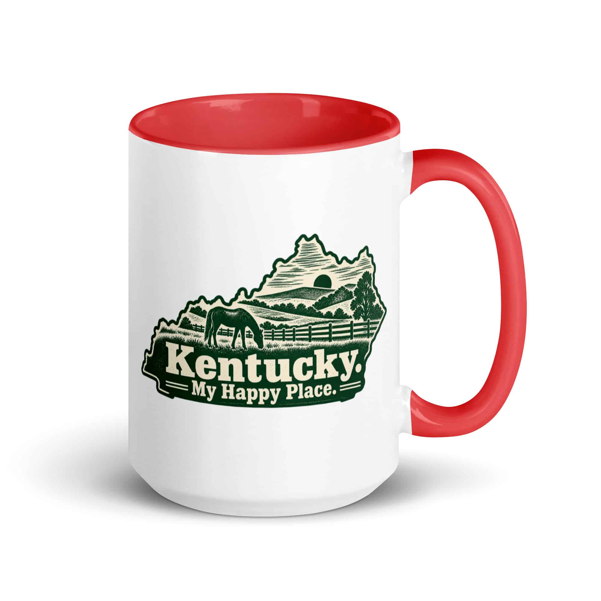 Kentucky Color Inside Coffee Mug: Rolling pasture and horse silhouette, Woodcut Kentucky Silhouette