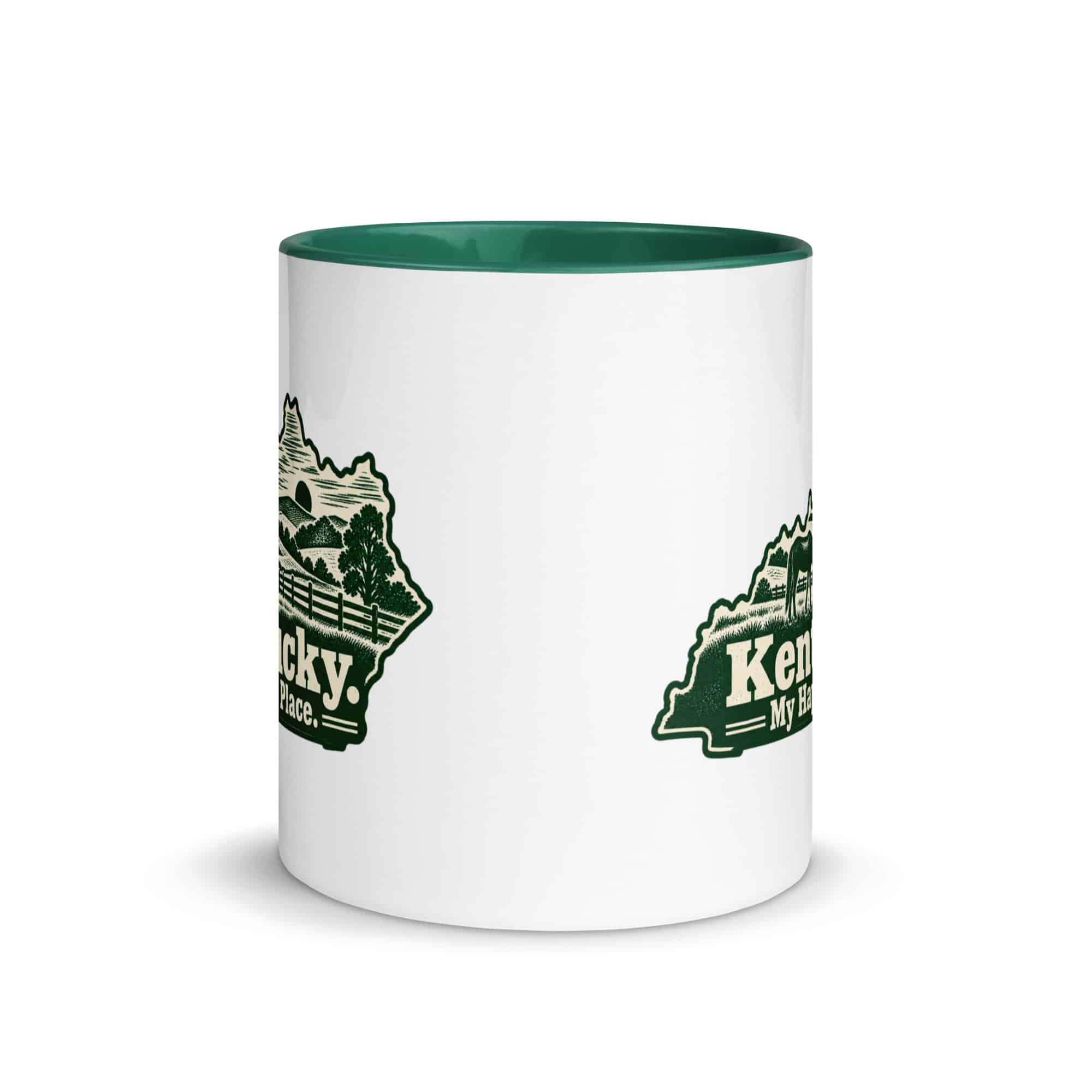 Kentucky Color Inside Coffee Mug: Rolling pasture and horse silhouette, Woodcut Kentucky Silhouette