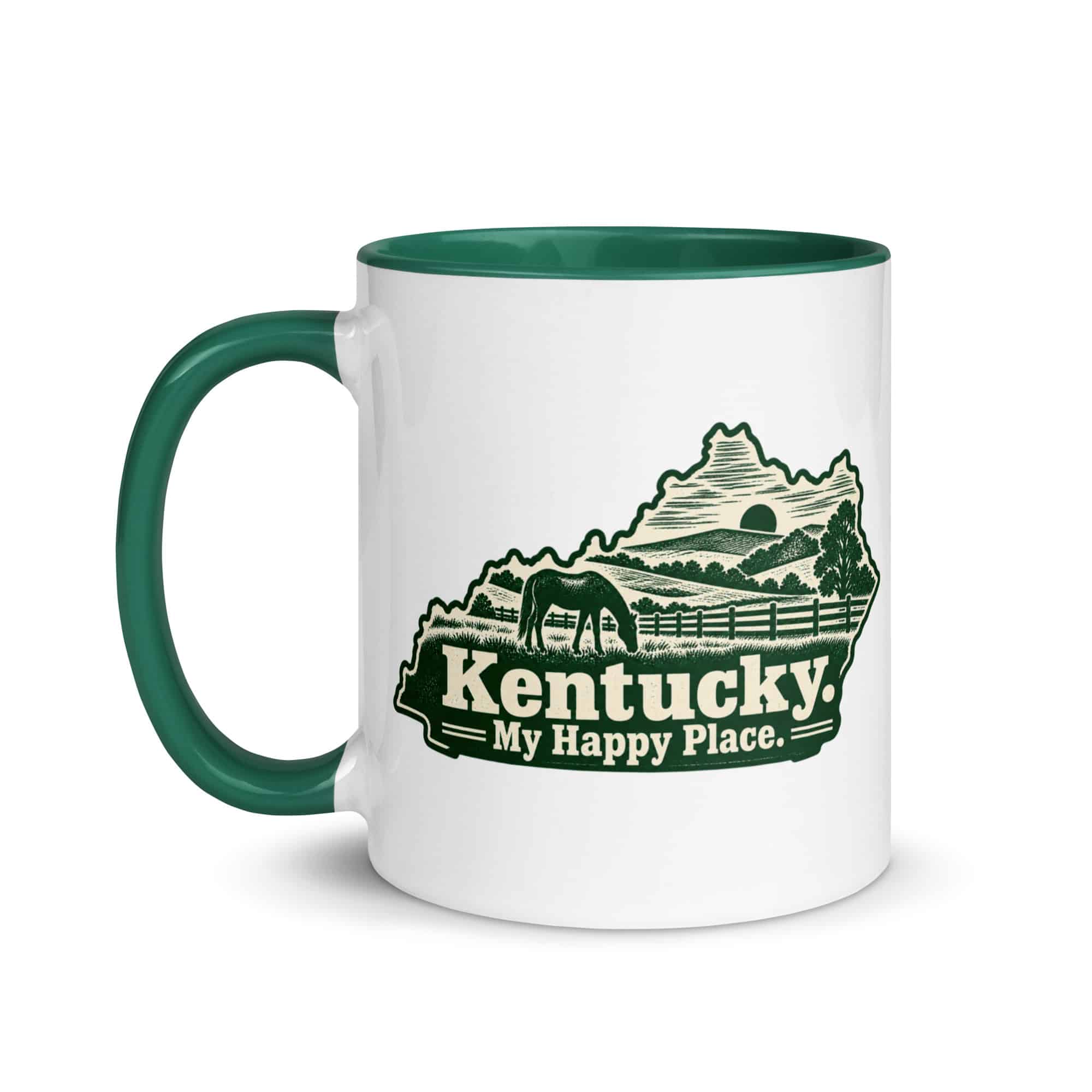 Kentucky Color Inside Coffee Mug: Rolling pasture and horse silhouette, Woodcut Kentucky Silhouette
