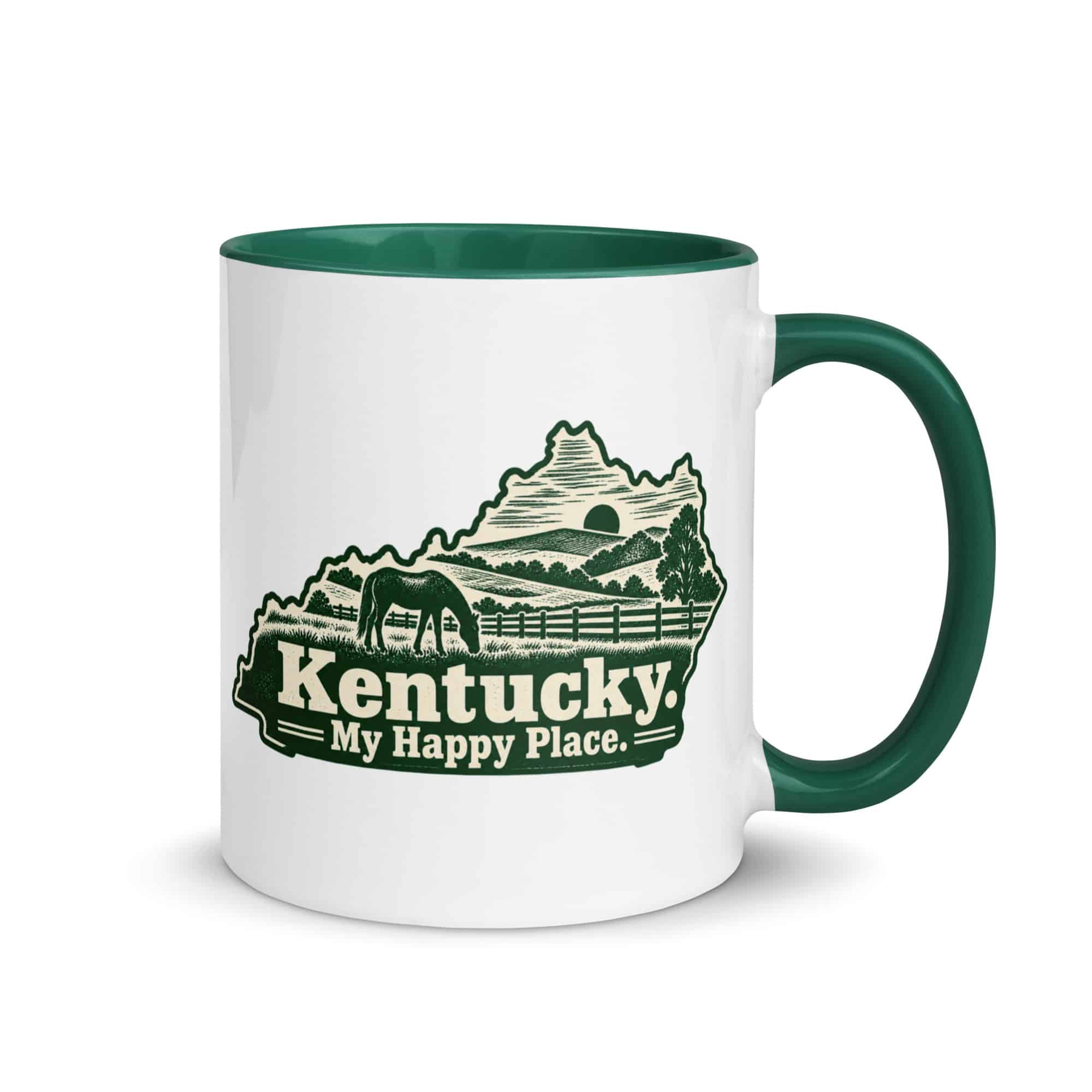 Kentucky Color Inside Coffee Mug: Rolling pasture and horse silhouette, Woodcut Kentucky Silhouette