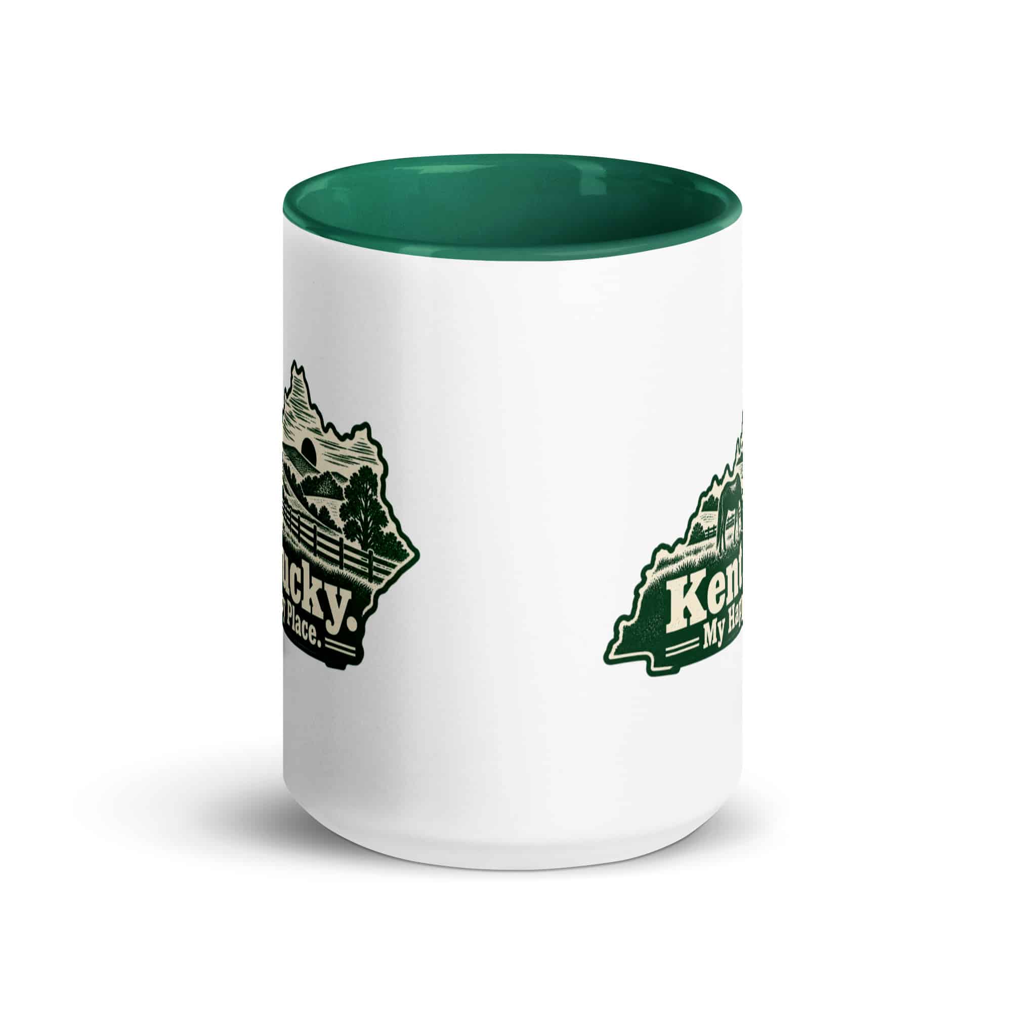 Kentucky Color Inside Coffee Mug: Rolling pasture and horse silhouette, Woodcut Kentucky Silhouette