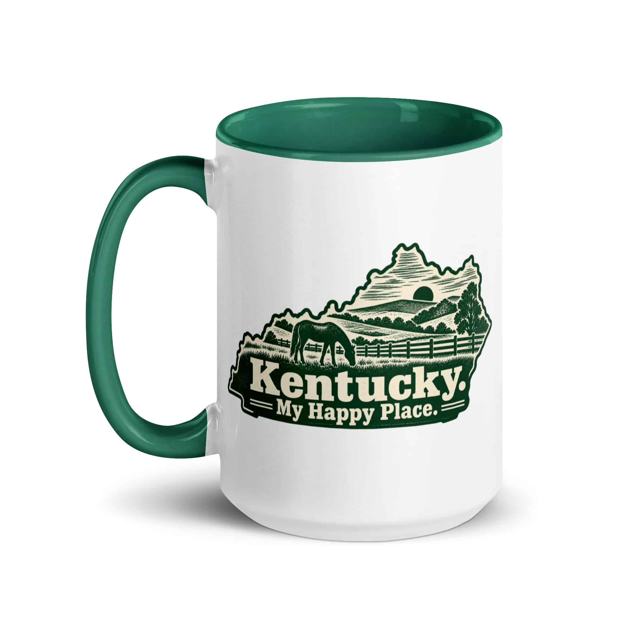 Kentucky Color Inside Coffee Mug: Rolling pasture and horse silhouette, Woodcut Kentucky Silhouette