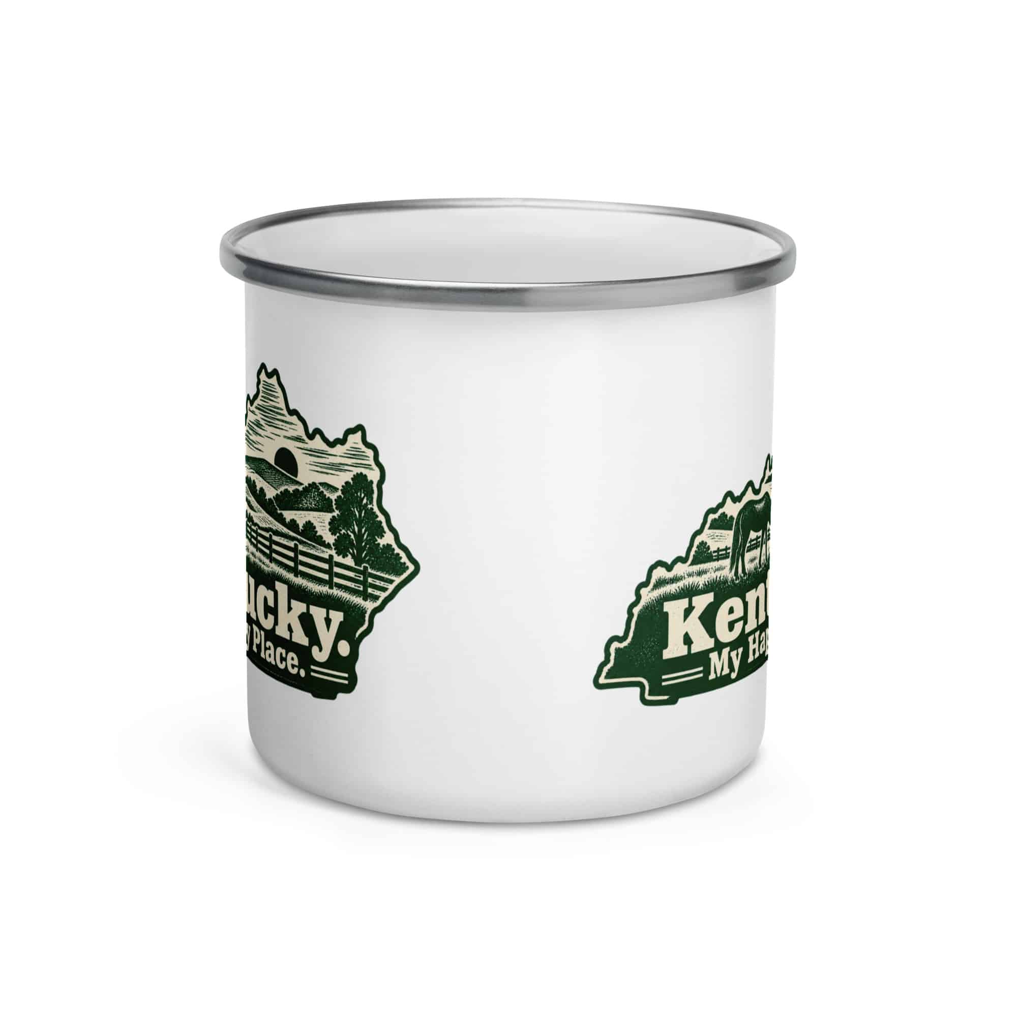 Kentucky Enamel Camp Mug: Rolling pasture and horse silhouette, Woodcut Kentucky Silhouette
