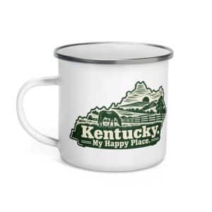 Kentucky Enamel Camp Mug: Rolling pasture and horse silhouette, Woodcut Kentucky Silhouette - 12 oz - Left