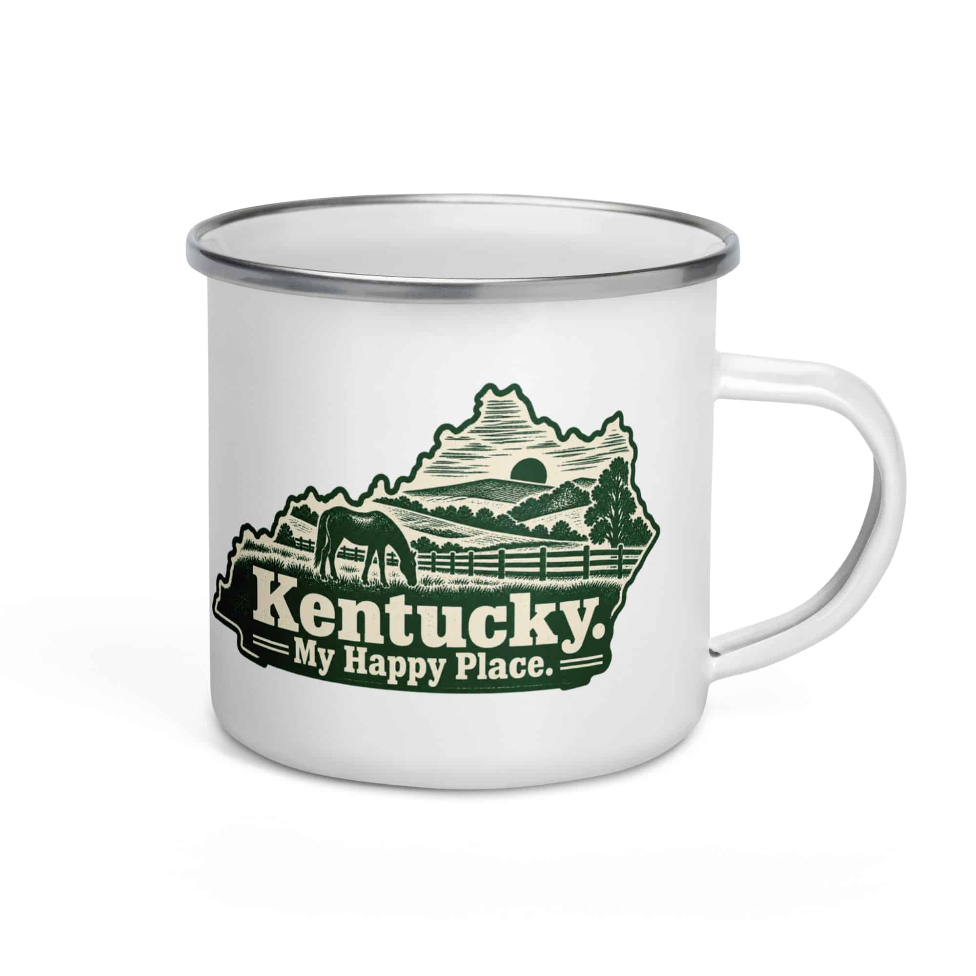 Kentucky Enamel Camp Mug: Rolling pasture and horse silhouette, Woodcut Kentucky Silhouette