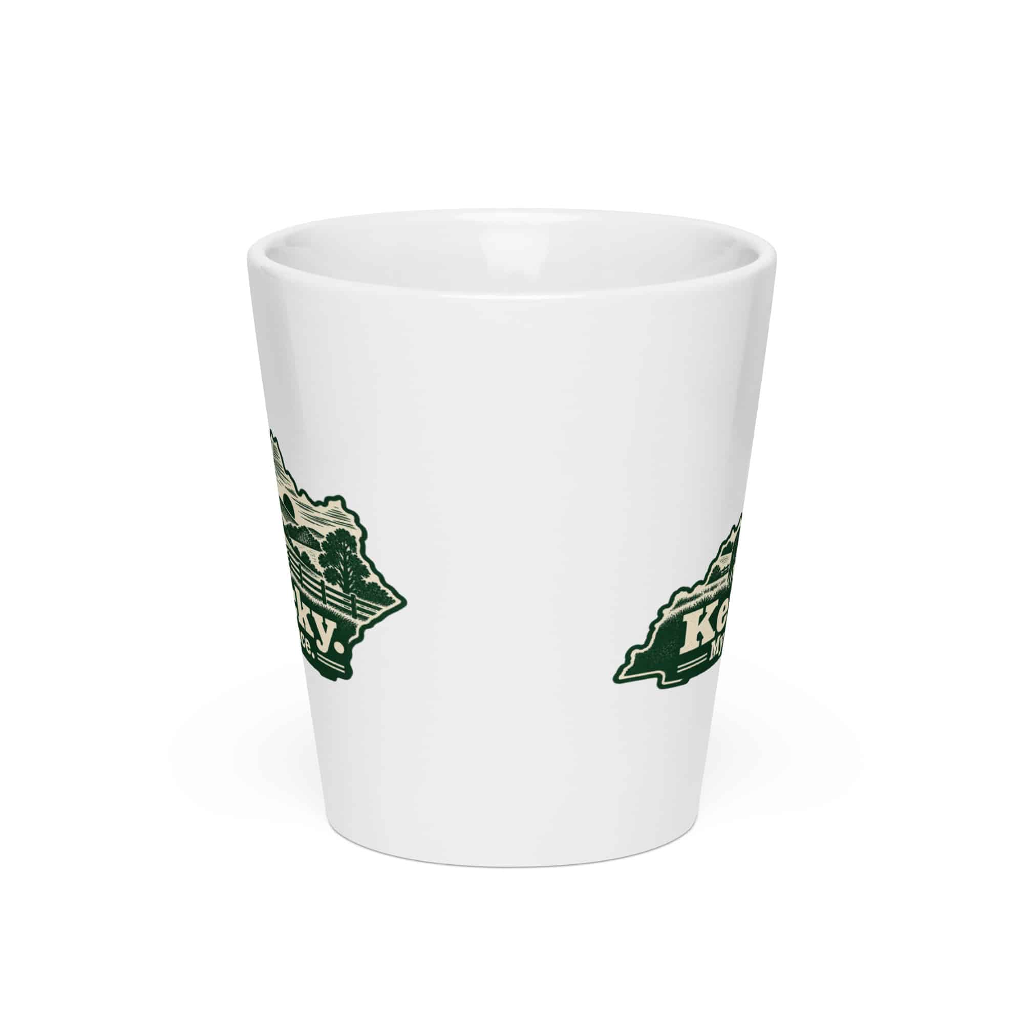 Kentucky Latte Mug: Rolling pasture and horse silhouette, Woodcut Kentucky Silhouette