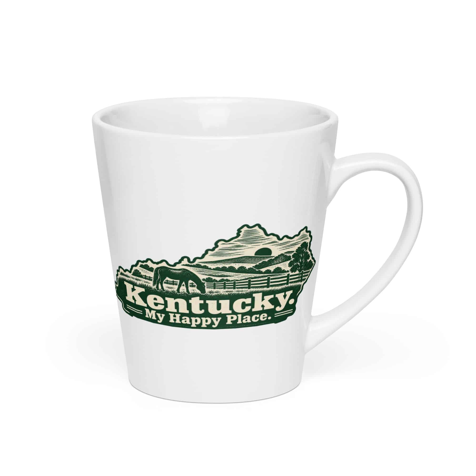 Kentucky Latte Mug: Rolling pasture and horse silhouette, Woodcut Kentucky Silhouette