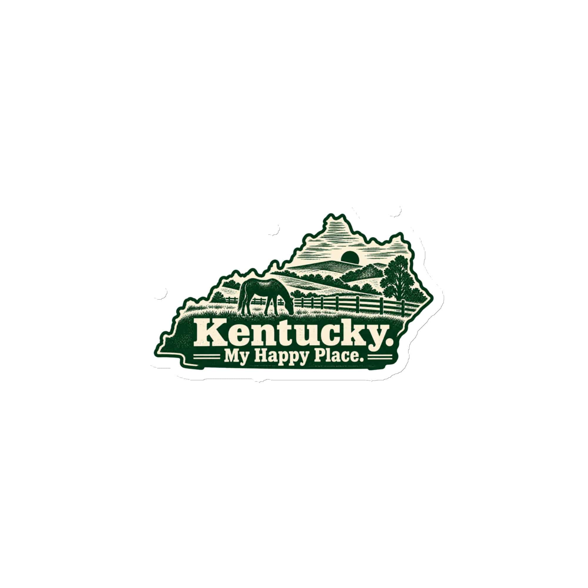 Kentucky Die-Cut Magnet: Rolling pasture and horse silhouette, Woodcut Kentucky Silhouette