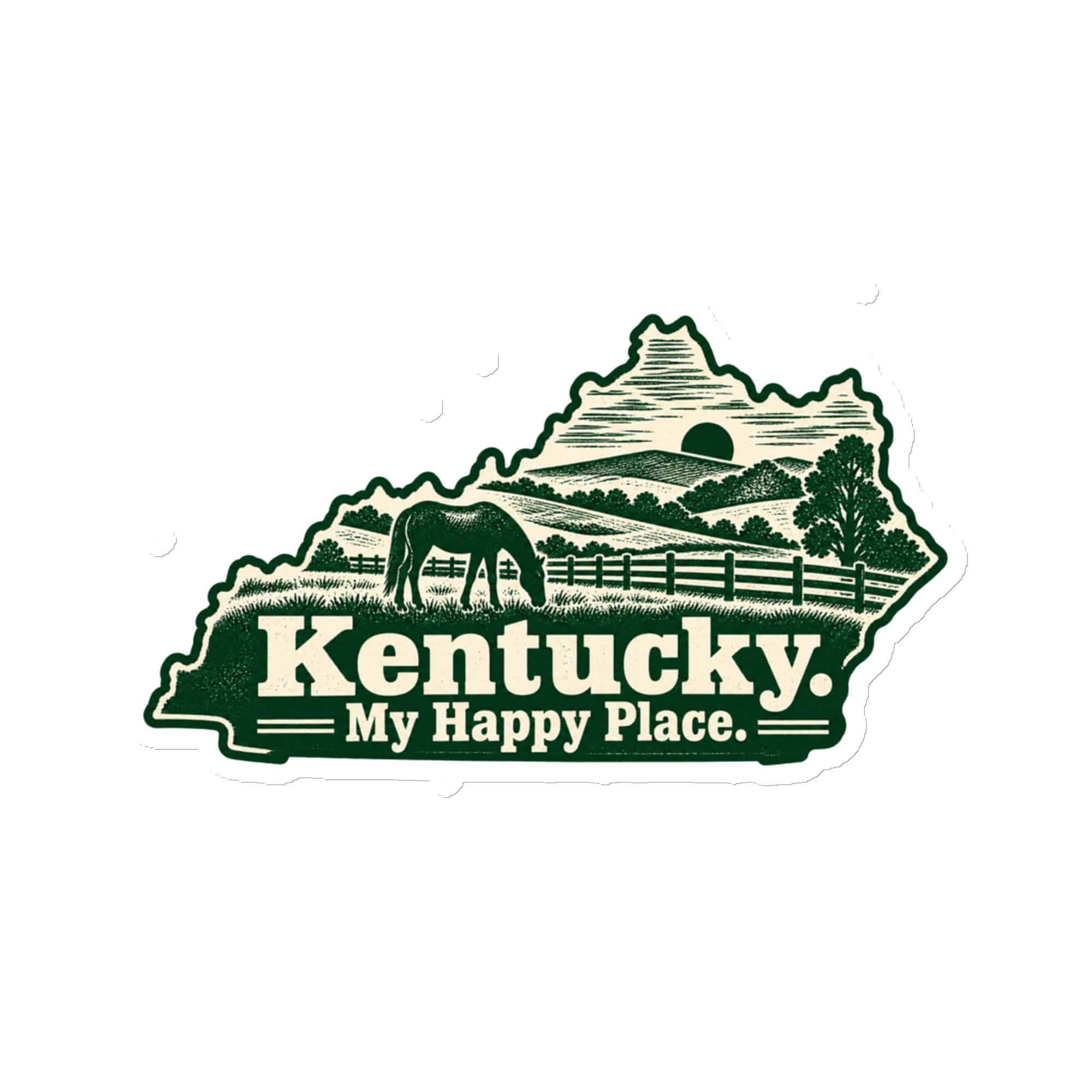 Kentucky Die-Cut Magnet: Rolling pasture and horse silhouette, Woodcut Kentucky Silhouette