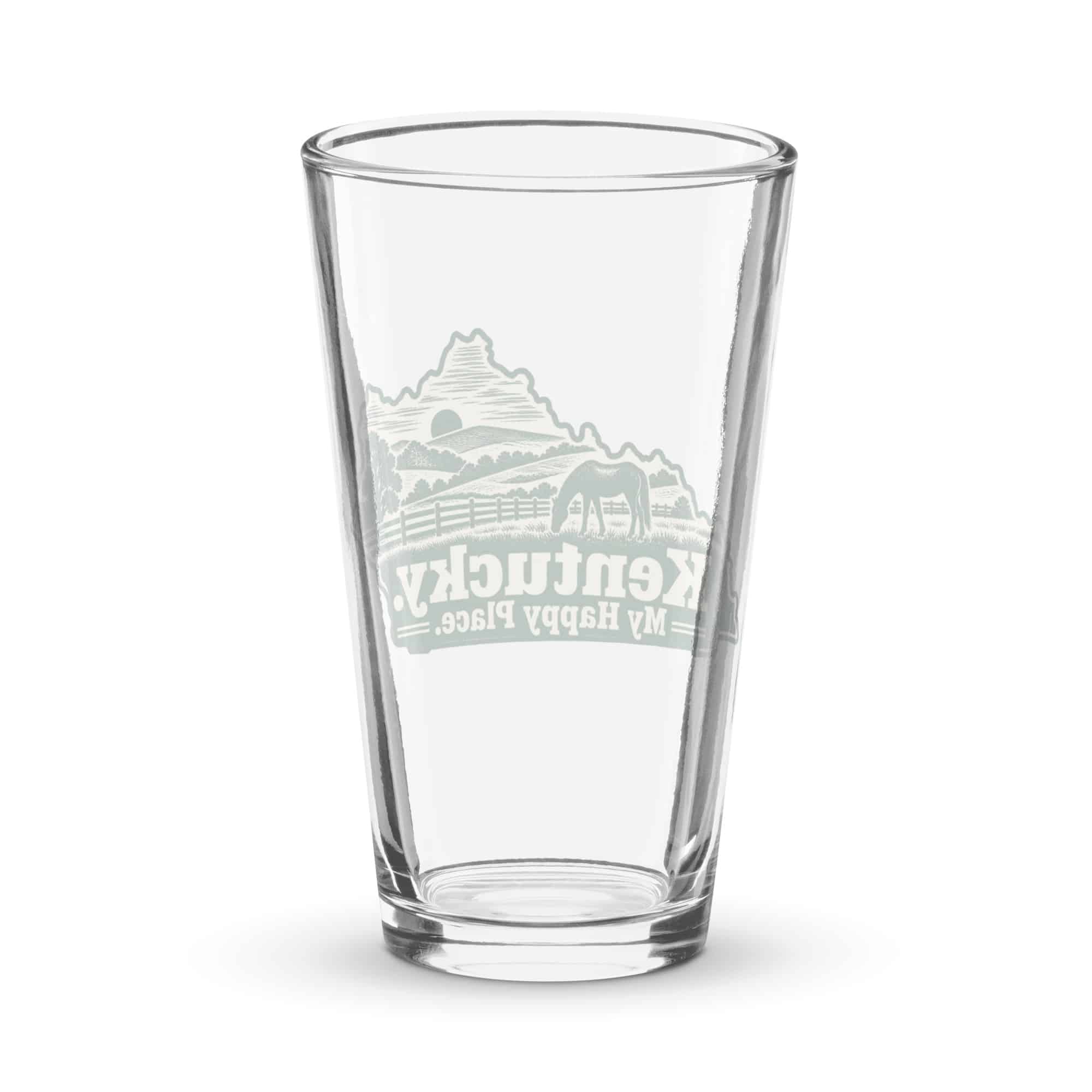 Kentucky Pint Glass: Rolling pasture and horse silhouette, Woodcut Kentucky Silhouette