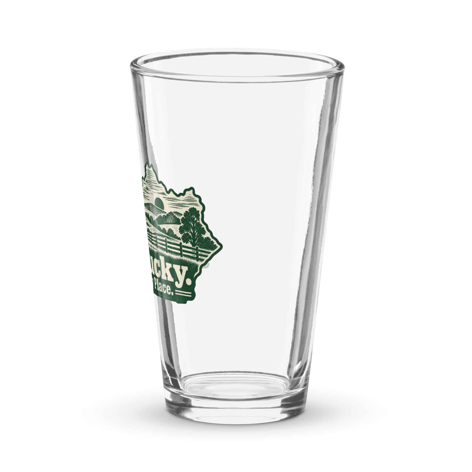 Kentucky Pint Glass: Rolling pasture and horse silhouette, Woodcut Kentucky Silhouette