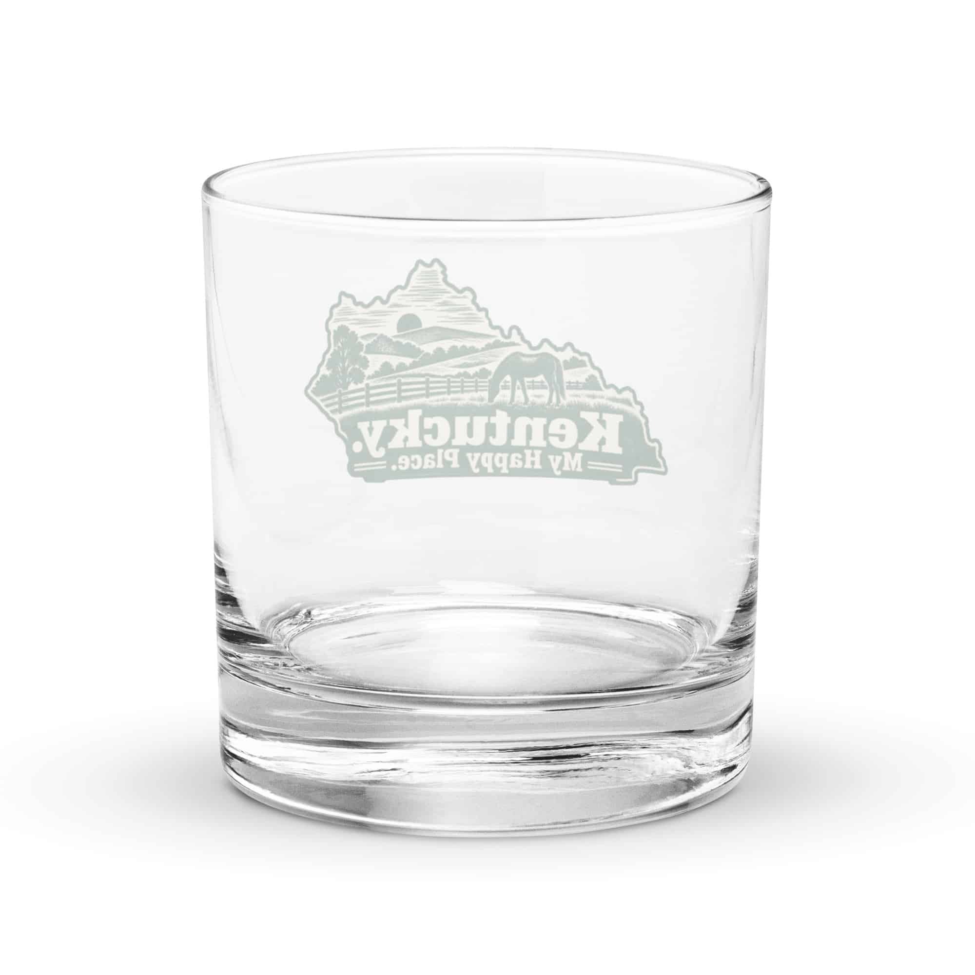 Kentucky Rocks Glass: Rolling pasture and horse silhouette, Woodcut Kentucky Silhouette