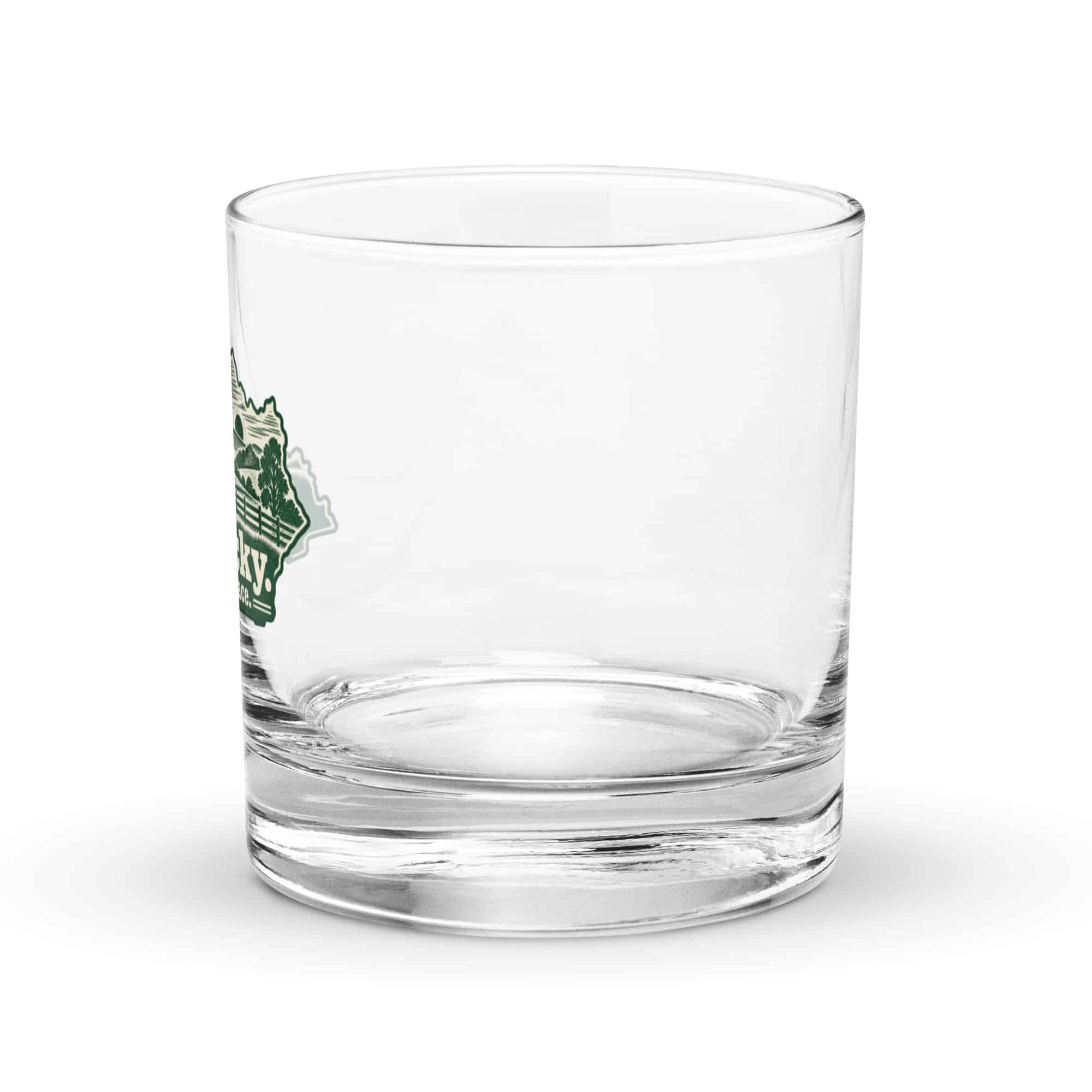 Kentucky Rocks Glass: Rolling pasture and horse silhouette, Woodcut Kentucky Silhouette