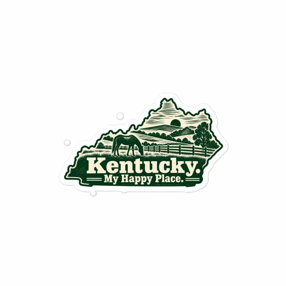 Kentucky Vinyl Sticker: Rolling pasture and horse silhouette, Woodcut Kentucky Silhouette