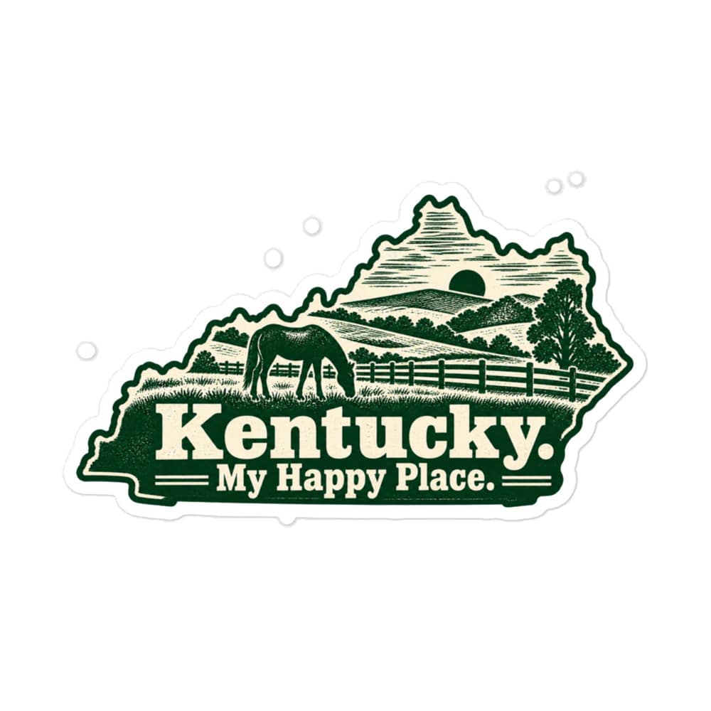 Kentucky Vinyl Sticker: Rolling pasture and horse silhouette, Woodcut Kentucky Silhouette