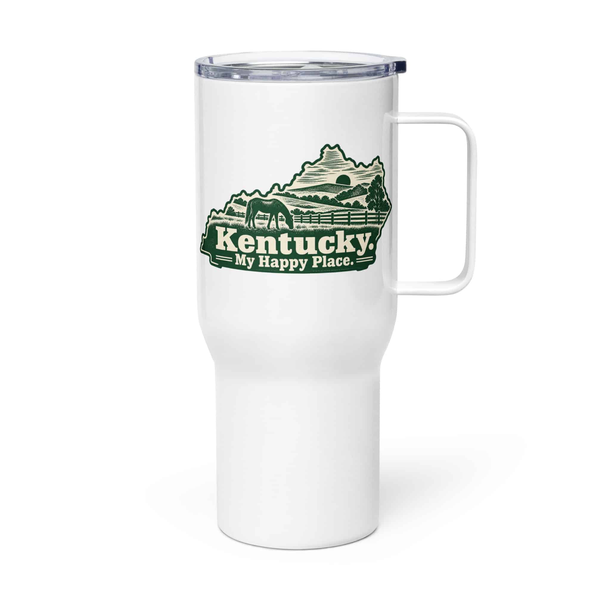 Kentucky Travel Mug: Rolling pasture and horse silhouette, Woodcut Kentucky Silhouette
