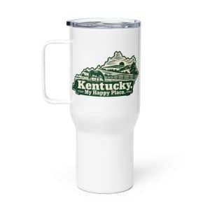Kentucky Travel Mug: Rolling pasture and horse silhouette, Woodcut Kentucky Silhouette - 25 oz - Main