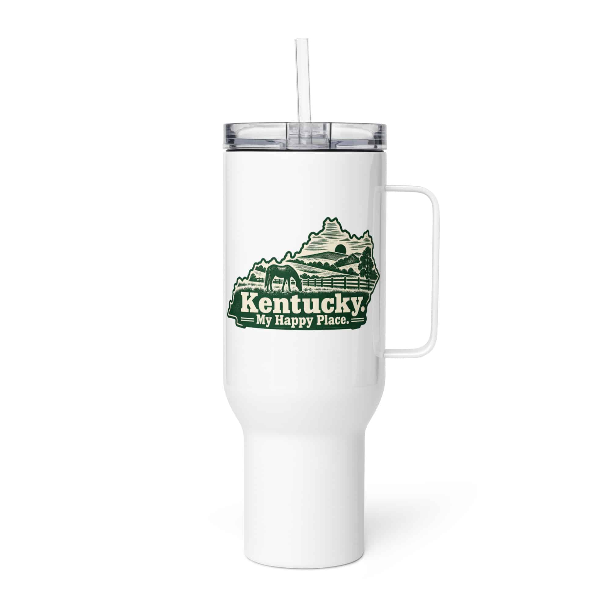 Kentucky Travel Mug: Rolling pasture and horse silhouette, Woodcut Kentucky Silhouette