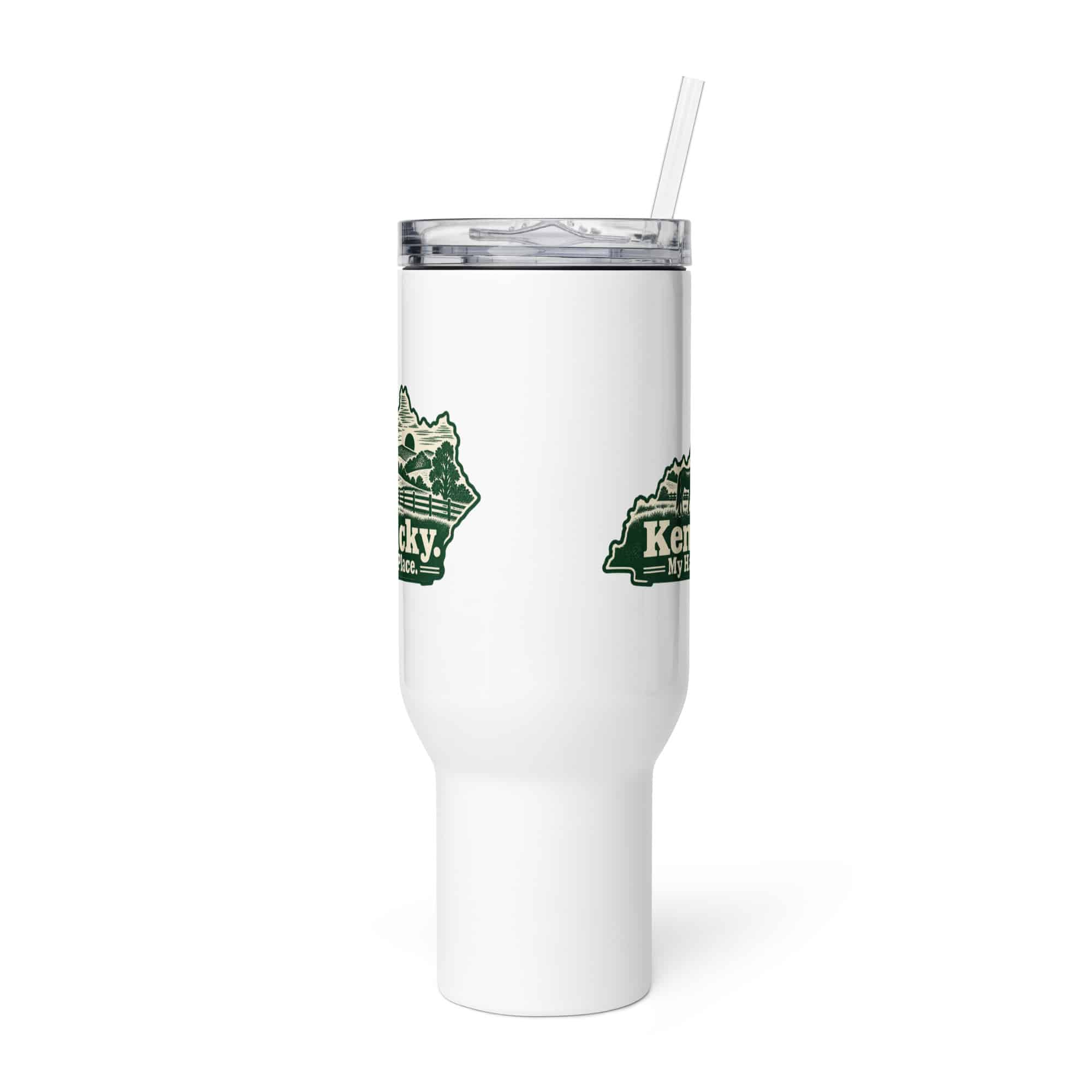 Kentucky Travel Mug: Rolling pasture and horse silhouette, Woodcut Kentucky Silhouette