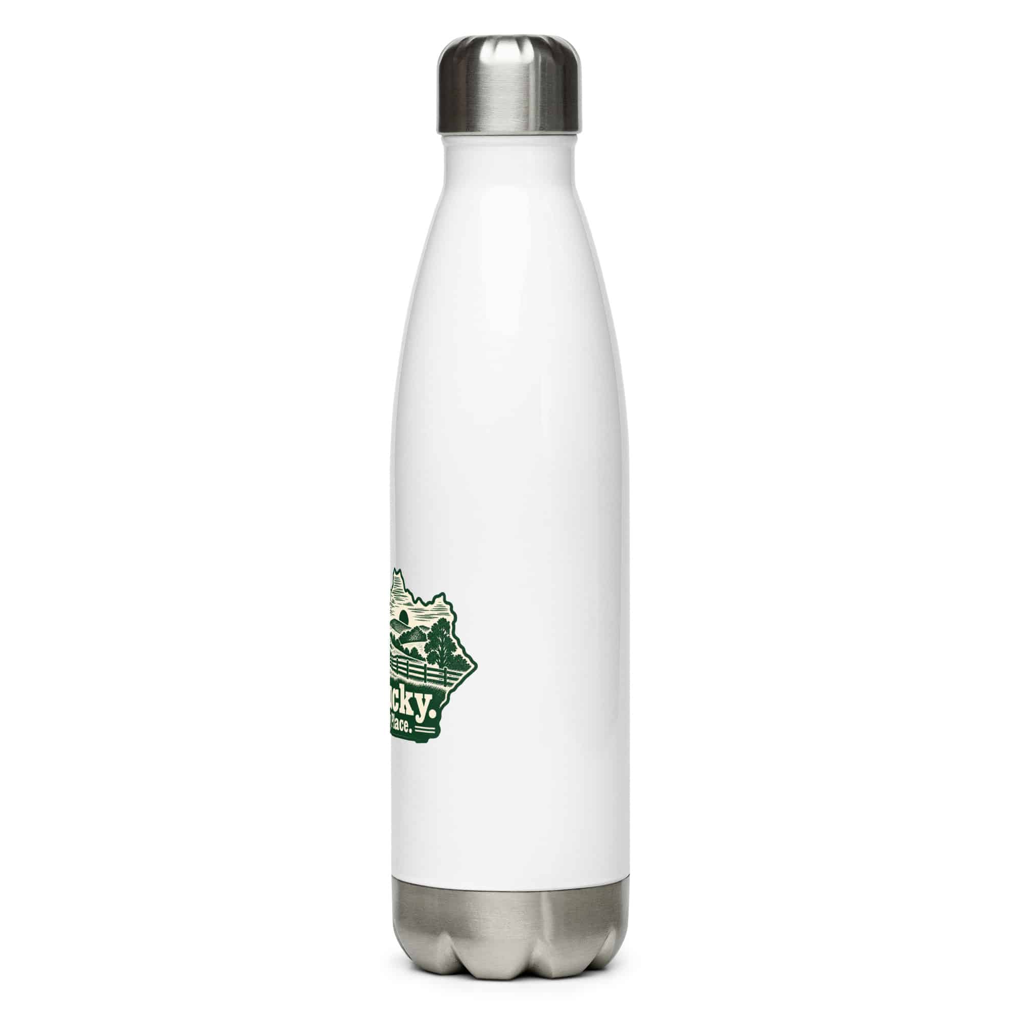 Kentucky Stainless Steel Water Bottle: Rolling pasture and horse silhouette, Woodcut Kentucky Silhouette