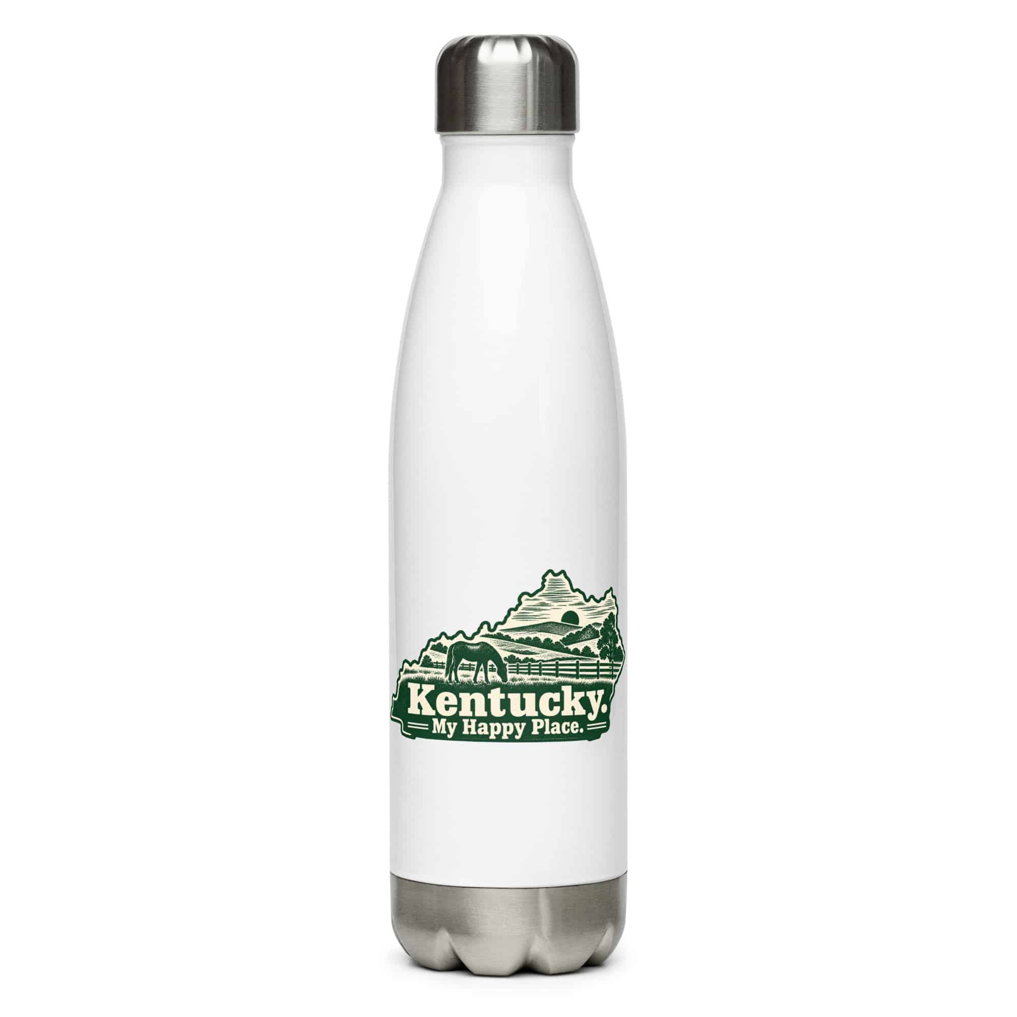 Kentucky Stainless Steel Water Bottle: Rolling pasture and horse silhouette, Woodcut Kentucky Silhouette