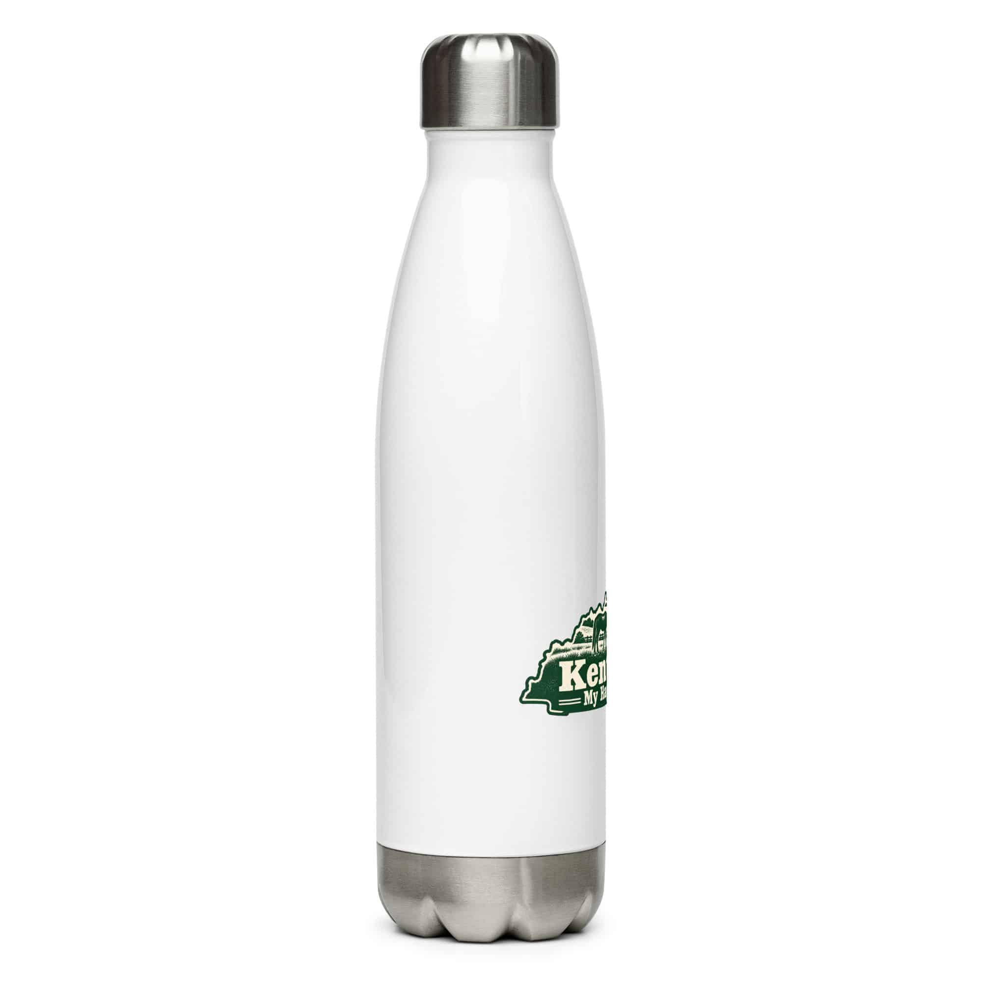 Kentucky Stainless Steel Water Bottle: Rolling pasture and horse silhouette, Woodcut Kentucky Silhouette