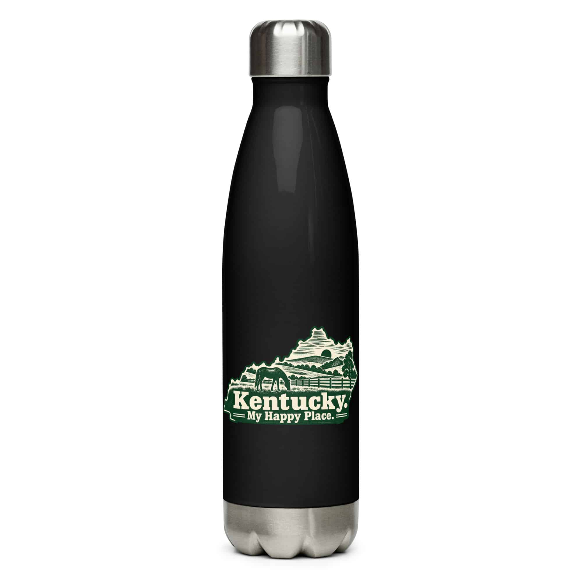 Kentucky Stainless Steel Water Bottle: Rolling pasture and horse silhouette, Woodcut Kentucky Silhouette