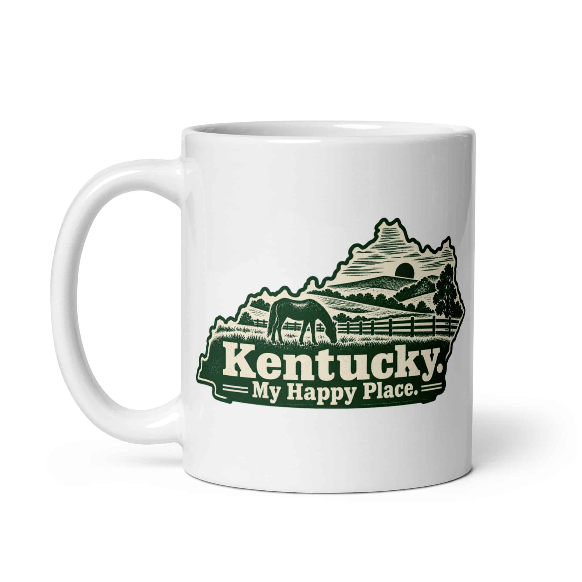 Kentucky White Ceramic Coffee Mug: Rolling pasture and horse silhouette, Woodcut Kentucky Silhouette