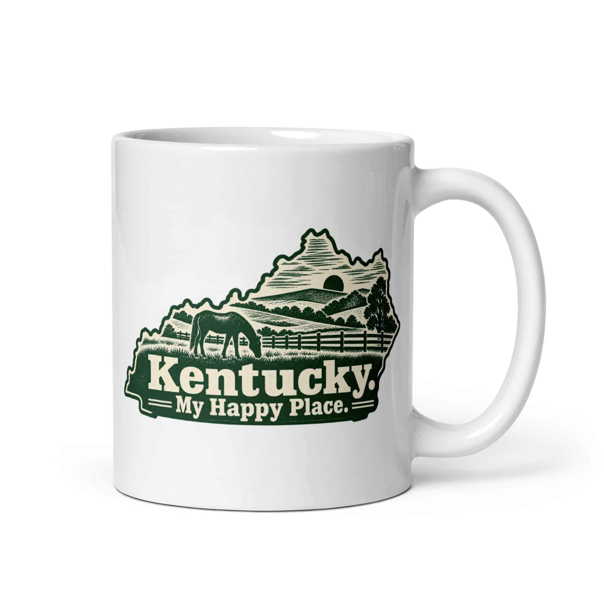 Kentucky White Ceramic Coffee Mug: Rolling pasture and horse silhouette, Woodcut Kentucky Silhouette