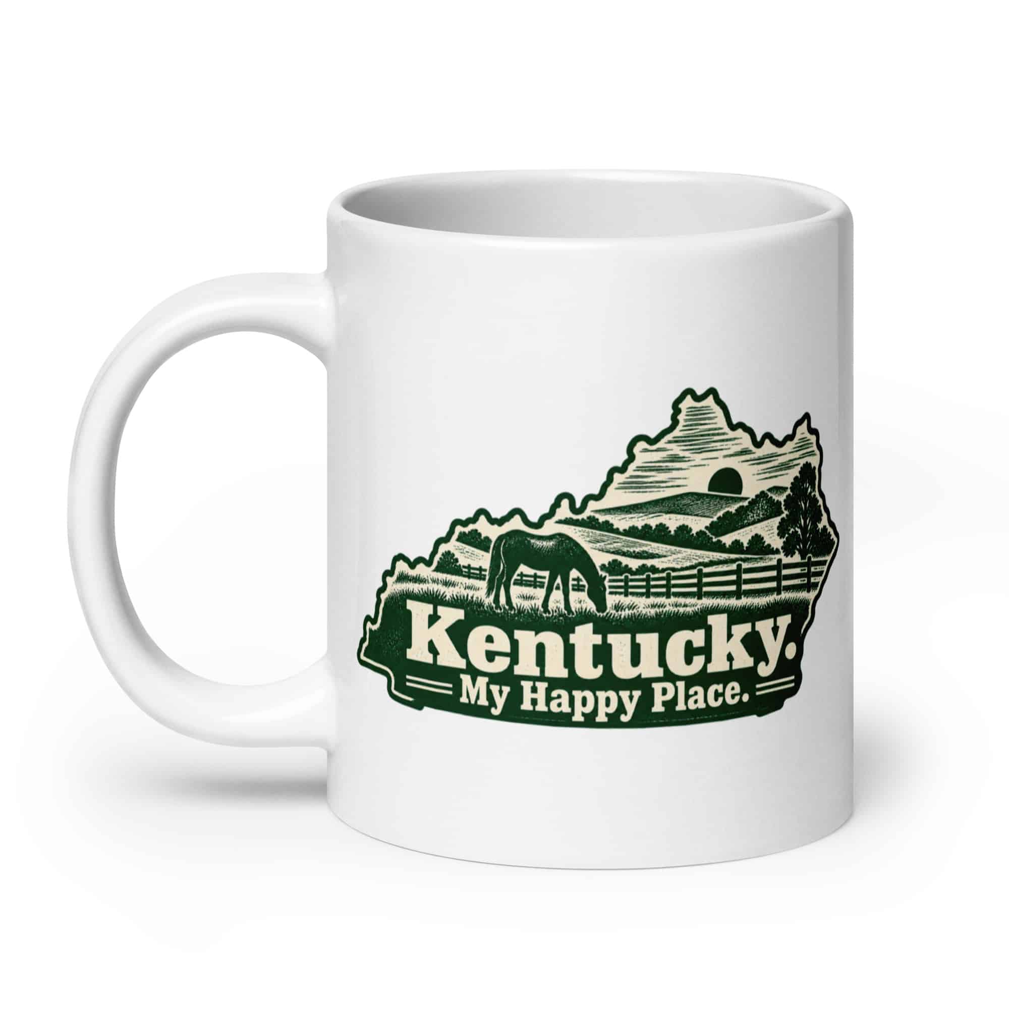 Kentucky White Ceramic Coffee Mug: Rolling pasture and horse silhouette, Woodcut Kentucky Silhouette