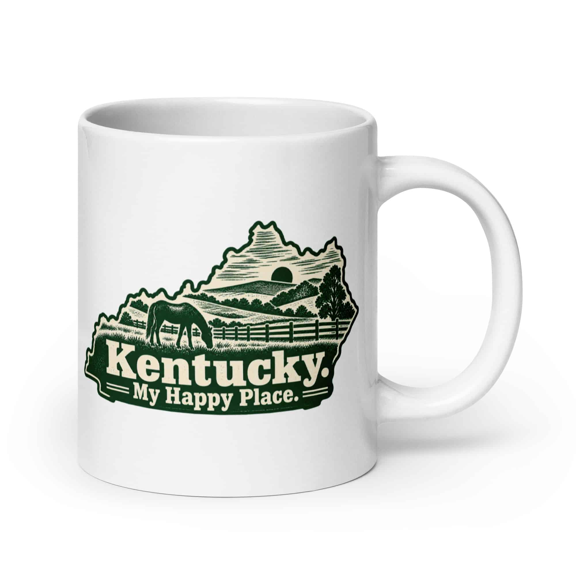 Kentucky White Ceramic Coffee Mug: Rolling pasture and horse silhouette, Woodcut Kentucky Silhouette