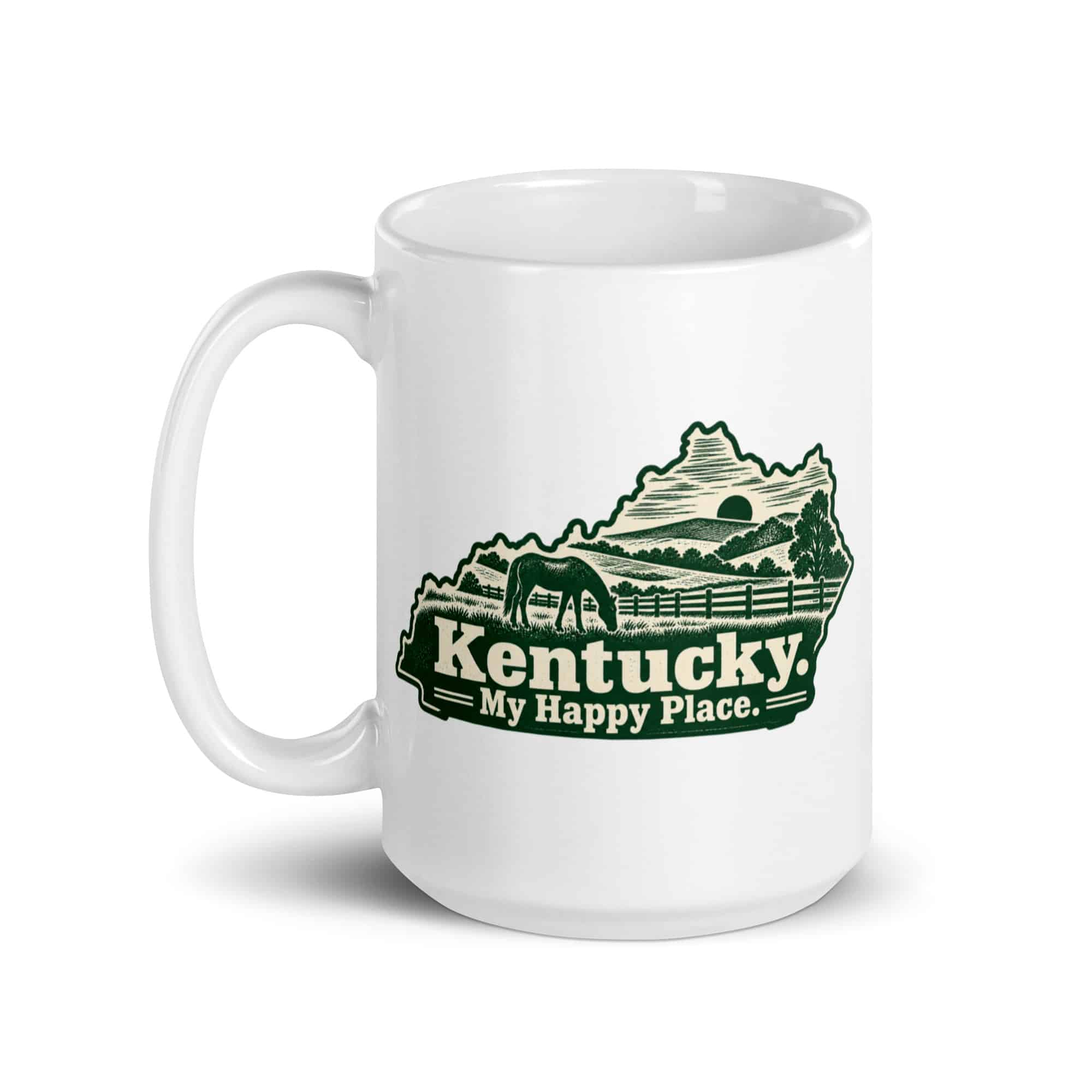 Kentucky White Ceramic Coffee Mug: Rolling pasture and horse silhouette, Woodcut Kentucky Silhouette
