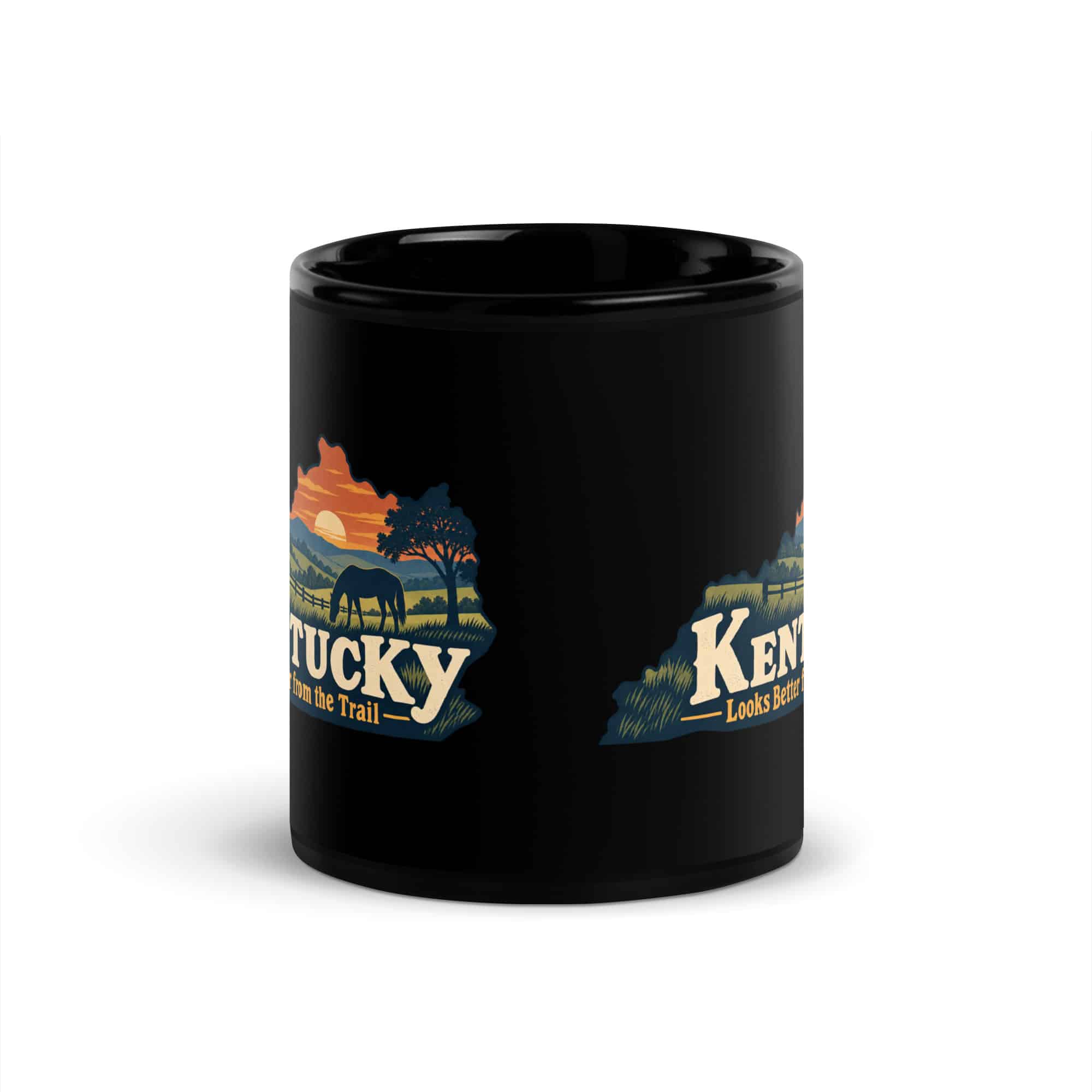 Kentucky Black Coffee Mug: Rolling pasture and horse silhouette, Colorful Kentucky Silhouette