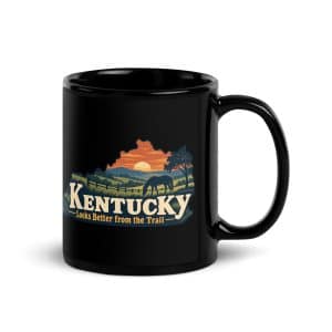 Kentucky Black Coffee Mug: Rolling pasture and horse silhouette, Colorful Kentucky Silhouette - 11 oz - Handle on Right