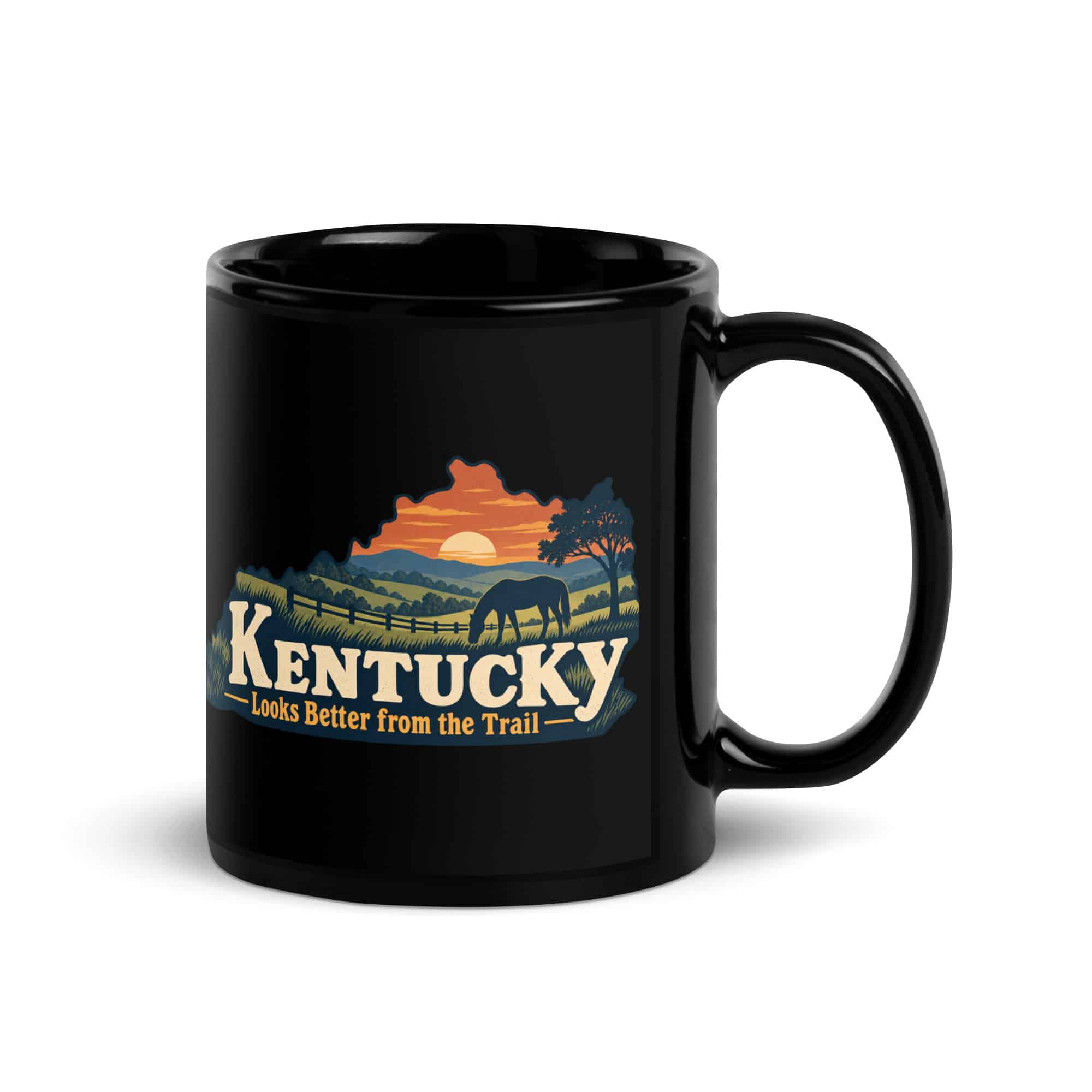 Kentucky Black Coffee Mug: Rolling pasture and horse silhouette, Colorful Kentucky Silhouette