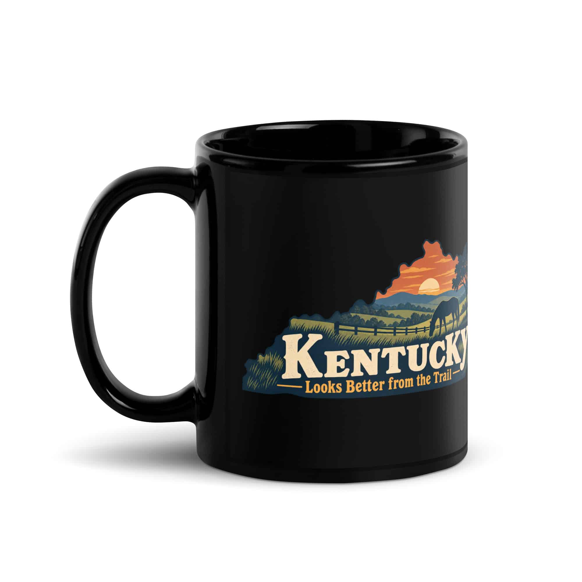 Kentucky Black Coffee Mug: Rolling pasture and horse silhouette, Colorful Kentucky Silhouette