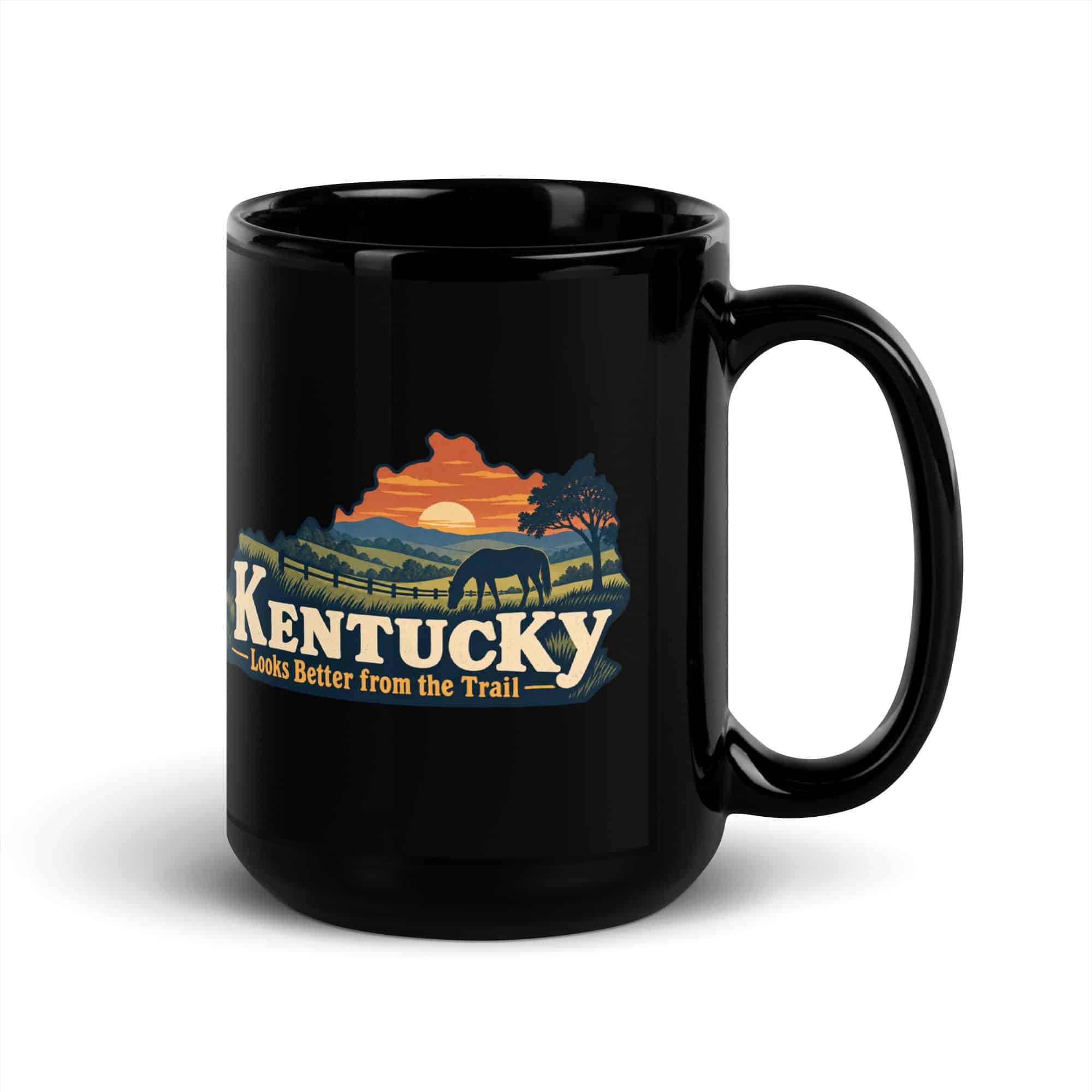 Kentucky Black Coffee Mug: Rolling pasture and horse silhouette, Colorful Kentucky Silhouette