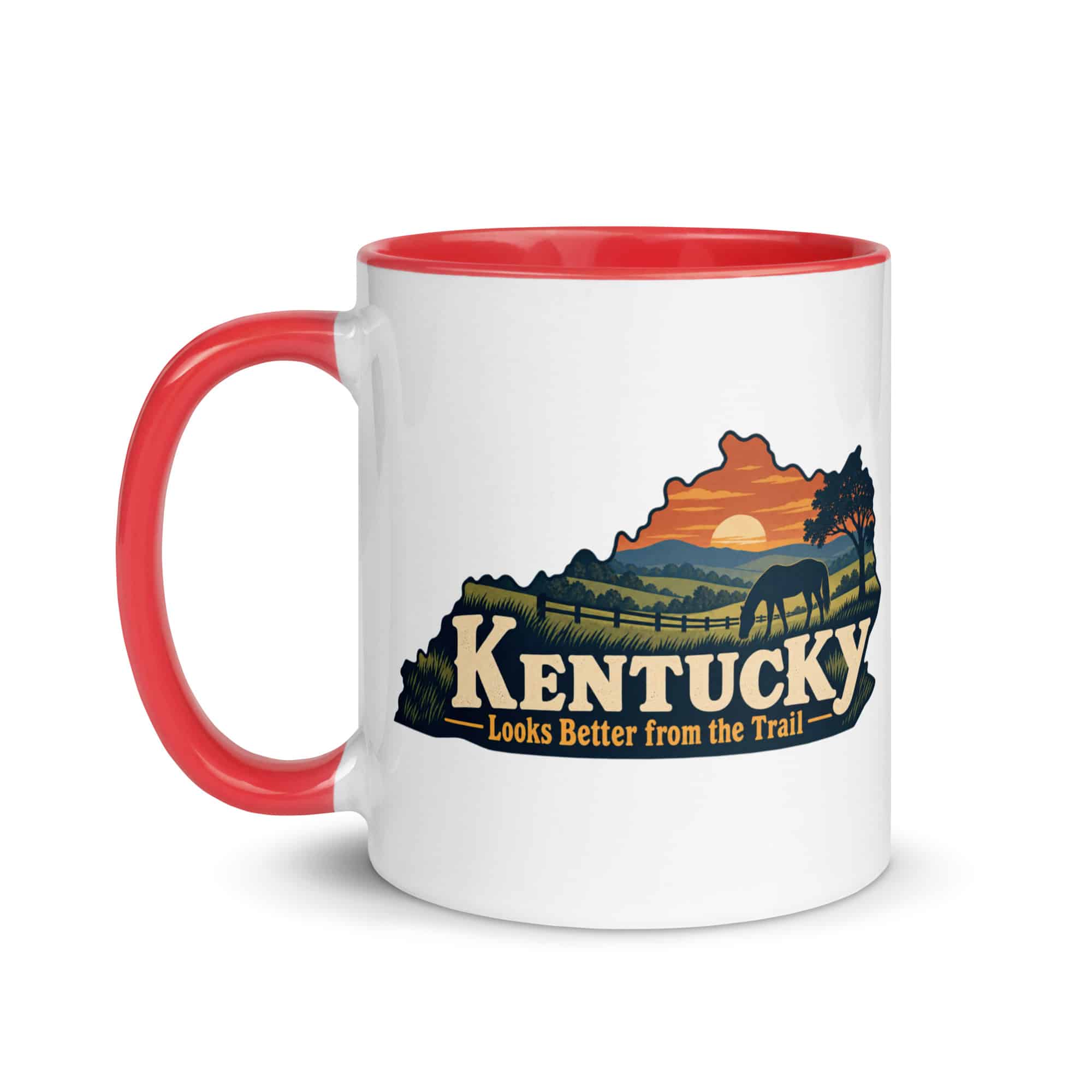 Kentucky Color Inside Coffee Mug: Rolling pasture and horse silhouette, Colorful Kentucky Silhouette