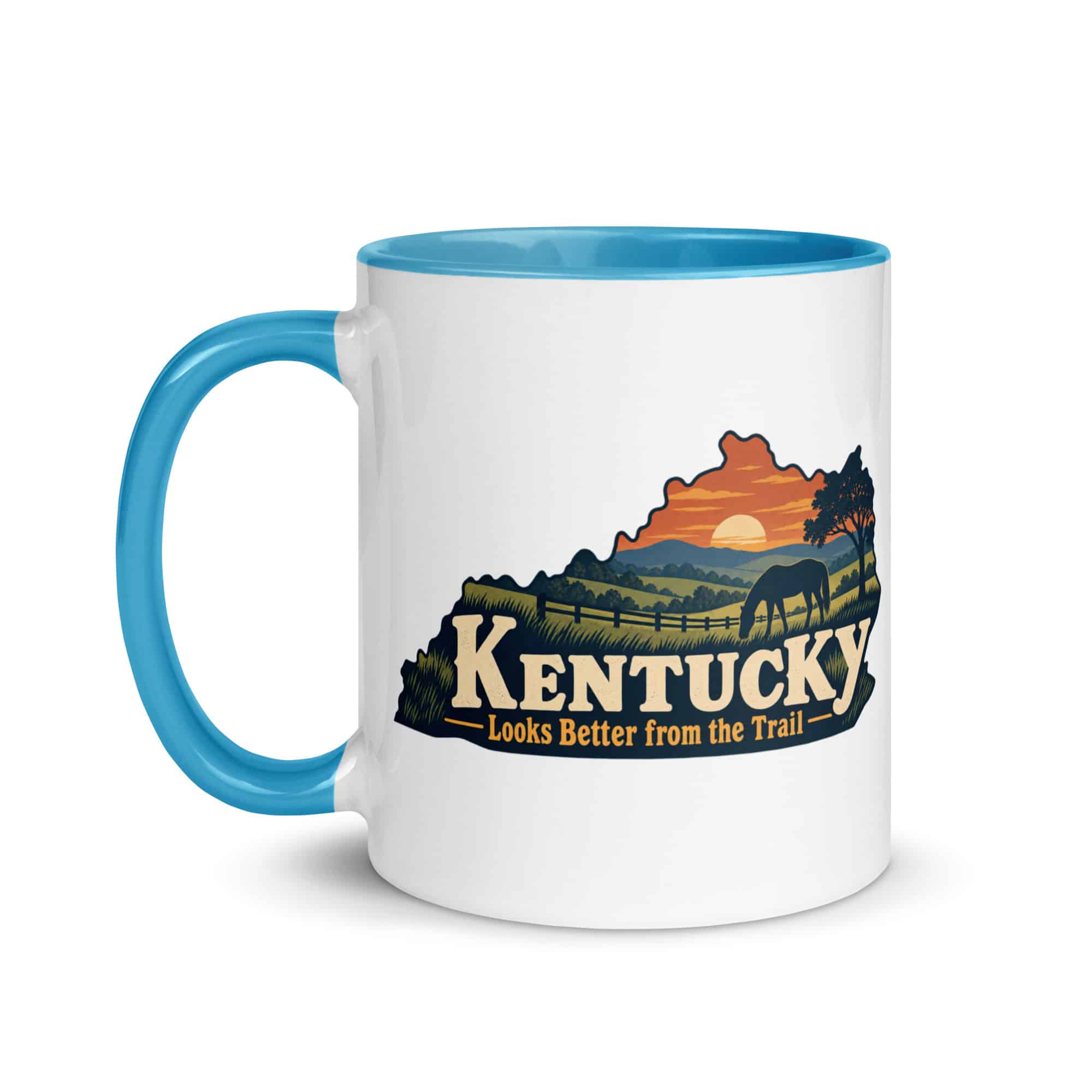 Kentucky Color Inside Coffee Mug: Rolling pasture and horse silhouette, Colorful Kentucky Silhouette