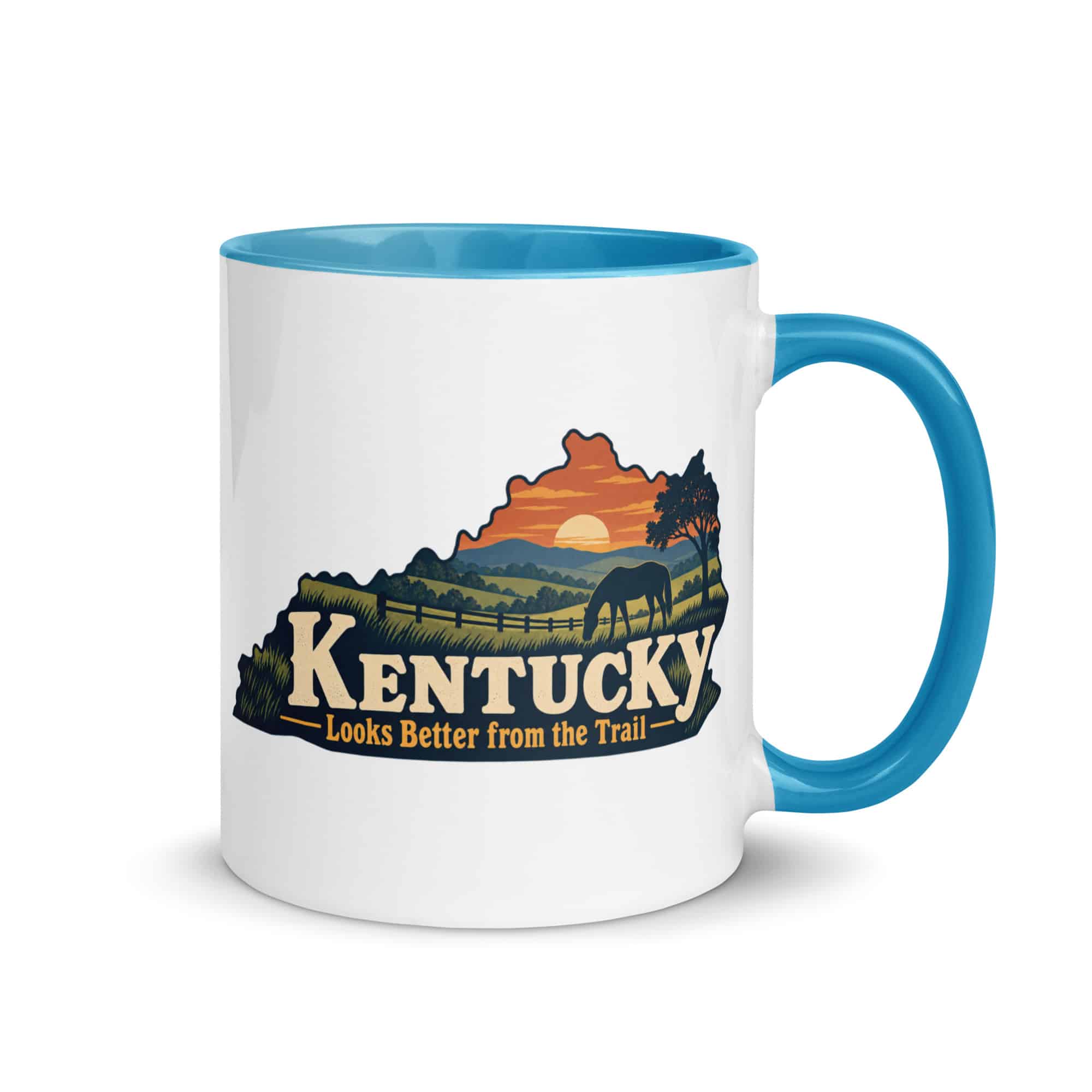 Kentucky Color Inside Coffee Mug: Rolling pasture and horse silhouette, Colorful Kentucky Silhouette