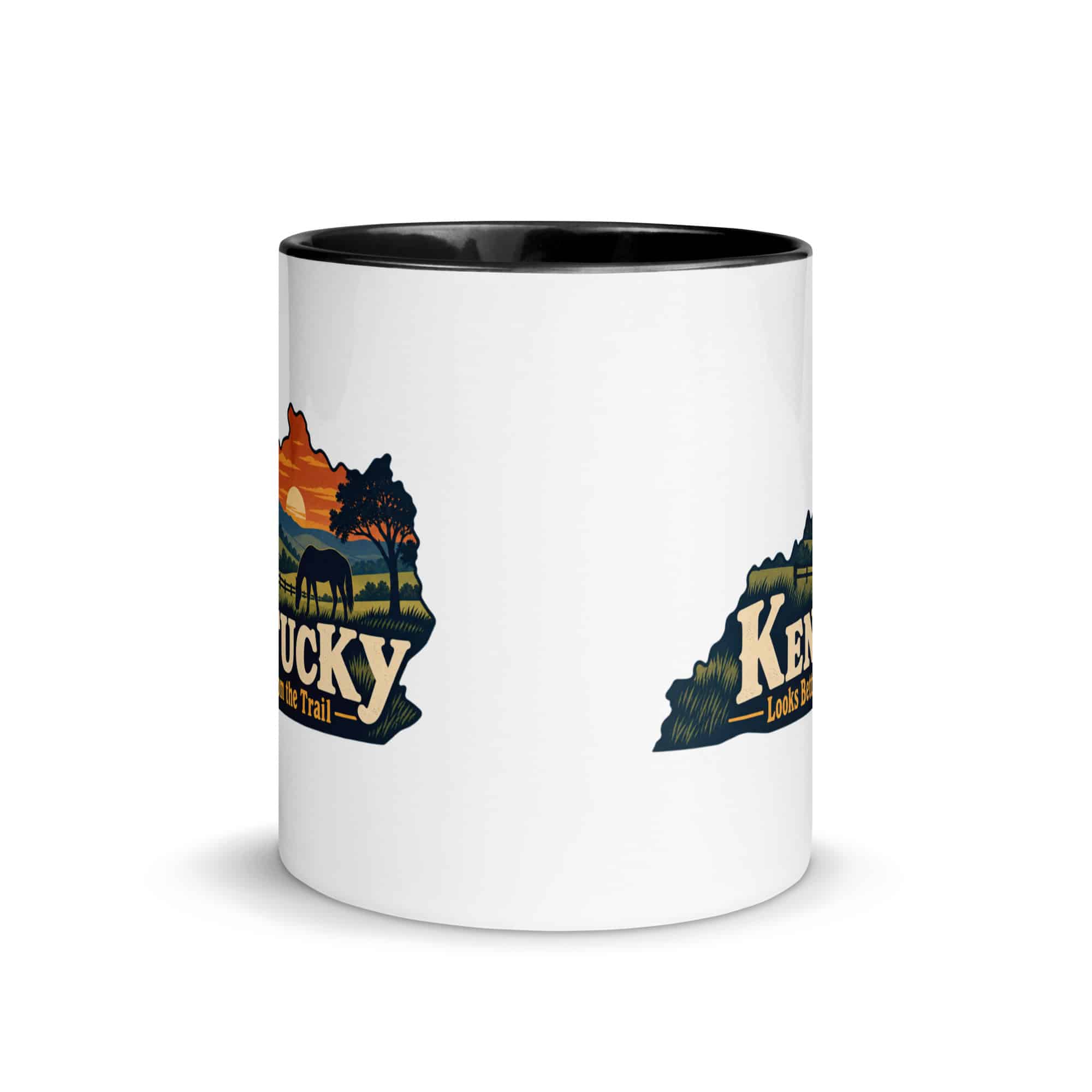 Kentucky Color Inside Coffee Mug: Rolling pasture and horse silhouette, Colorful Kentucky Silhouette
