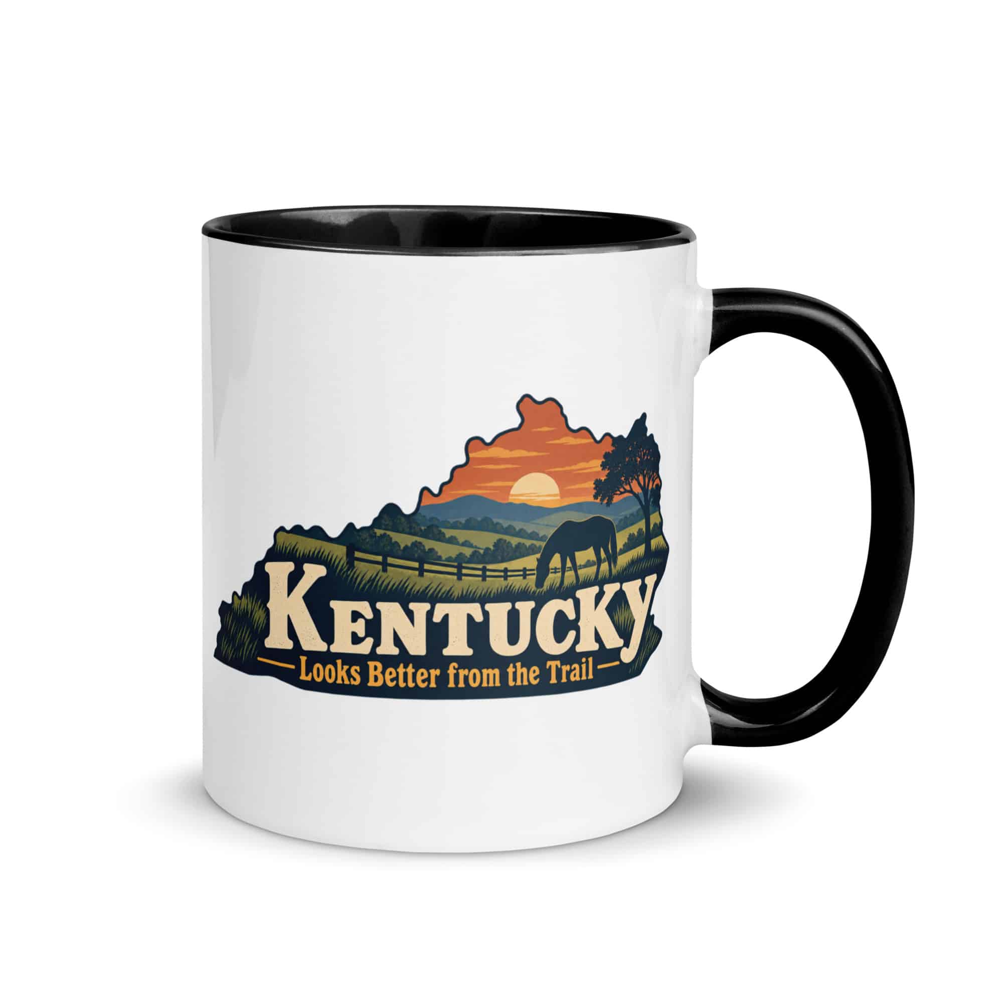 Kentucky Color Inside Coffee Mug: Rolling pasture and horse silhouette, Colorful Kentucky Silhouette