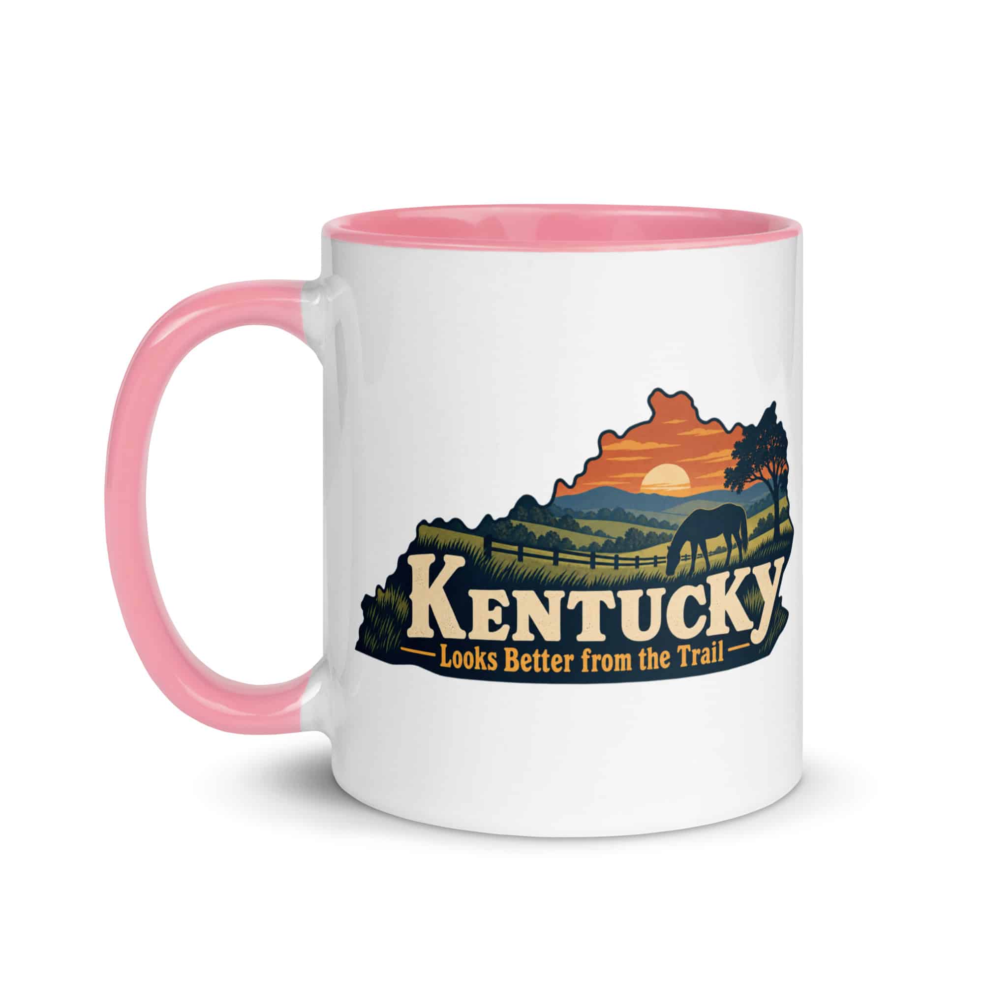 Kentucky Color Inside Coffee Mug: Rolling pasture and horse silhouette, Colorful Kentucky Silhouette
