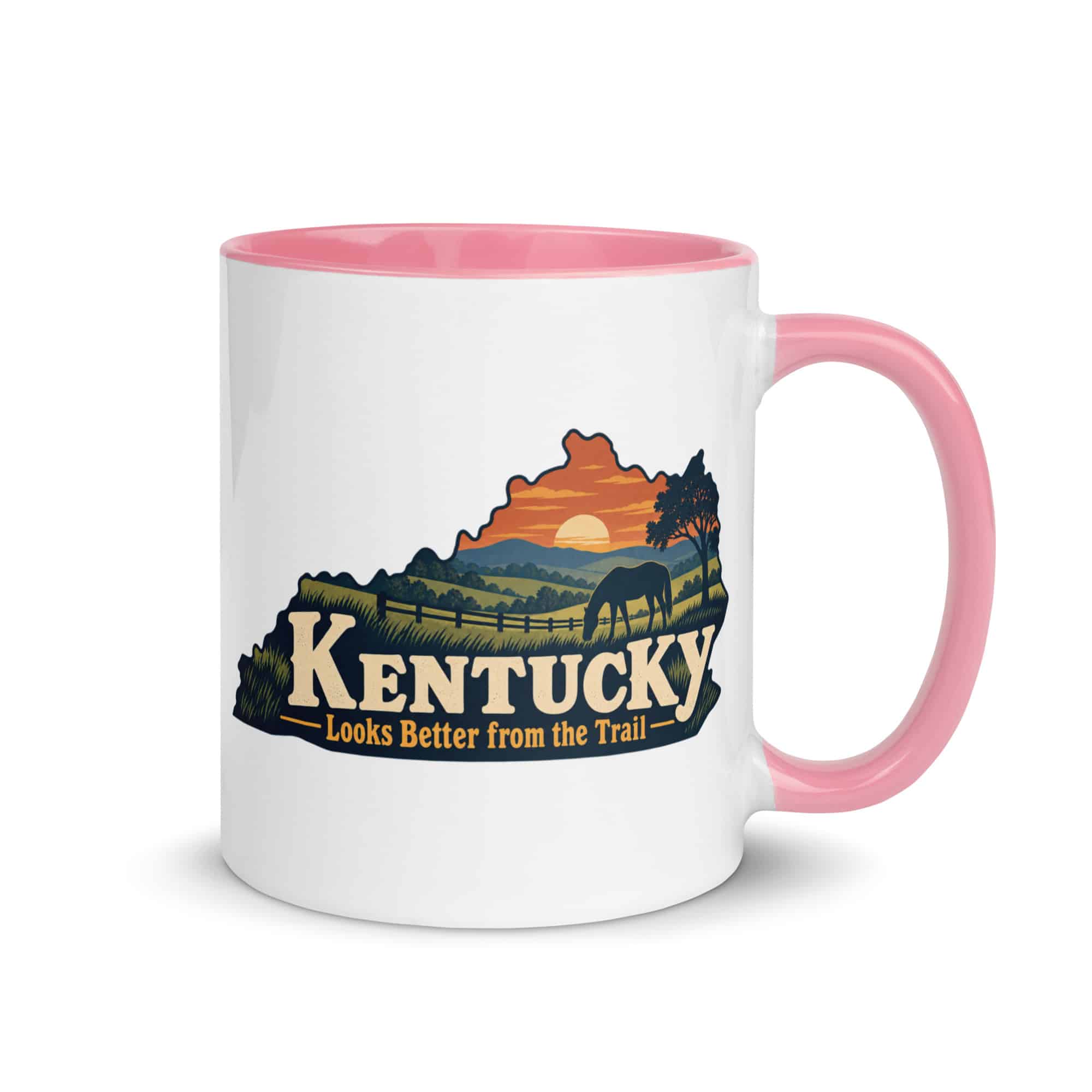 Kentucky Color Inside Coffee Mug: Rolling pasture and horse silhouette, Colorful Kentucky Silhouette