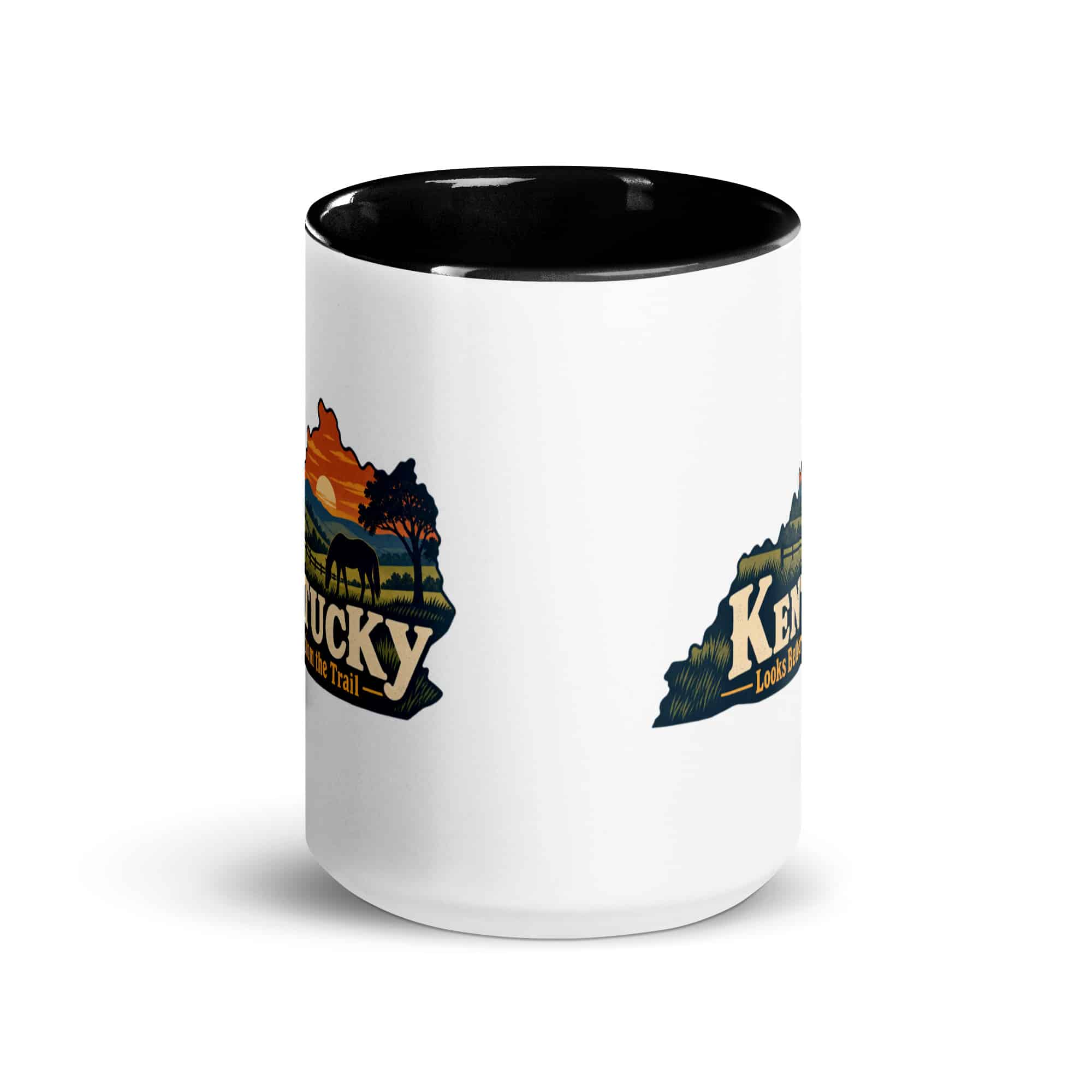 Kentucky Color Inside Coffee Mug: Rolling pasture and horse silhouette, Colorful Kentucky Silhouette