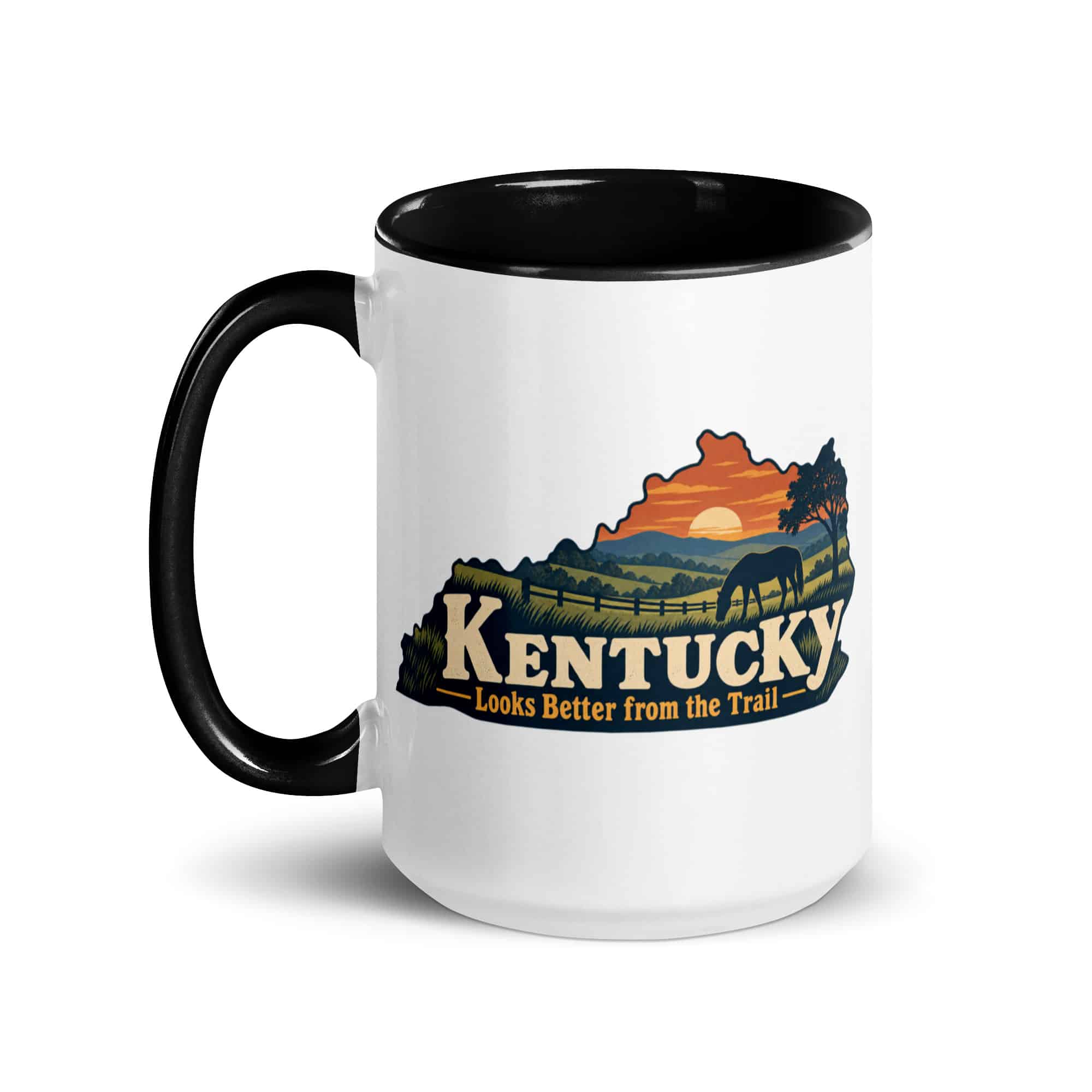 Kentucky Color Inside Coffee Mug: Rolling pasture and horse silhouette, Colorful Kentucky Silhouette
