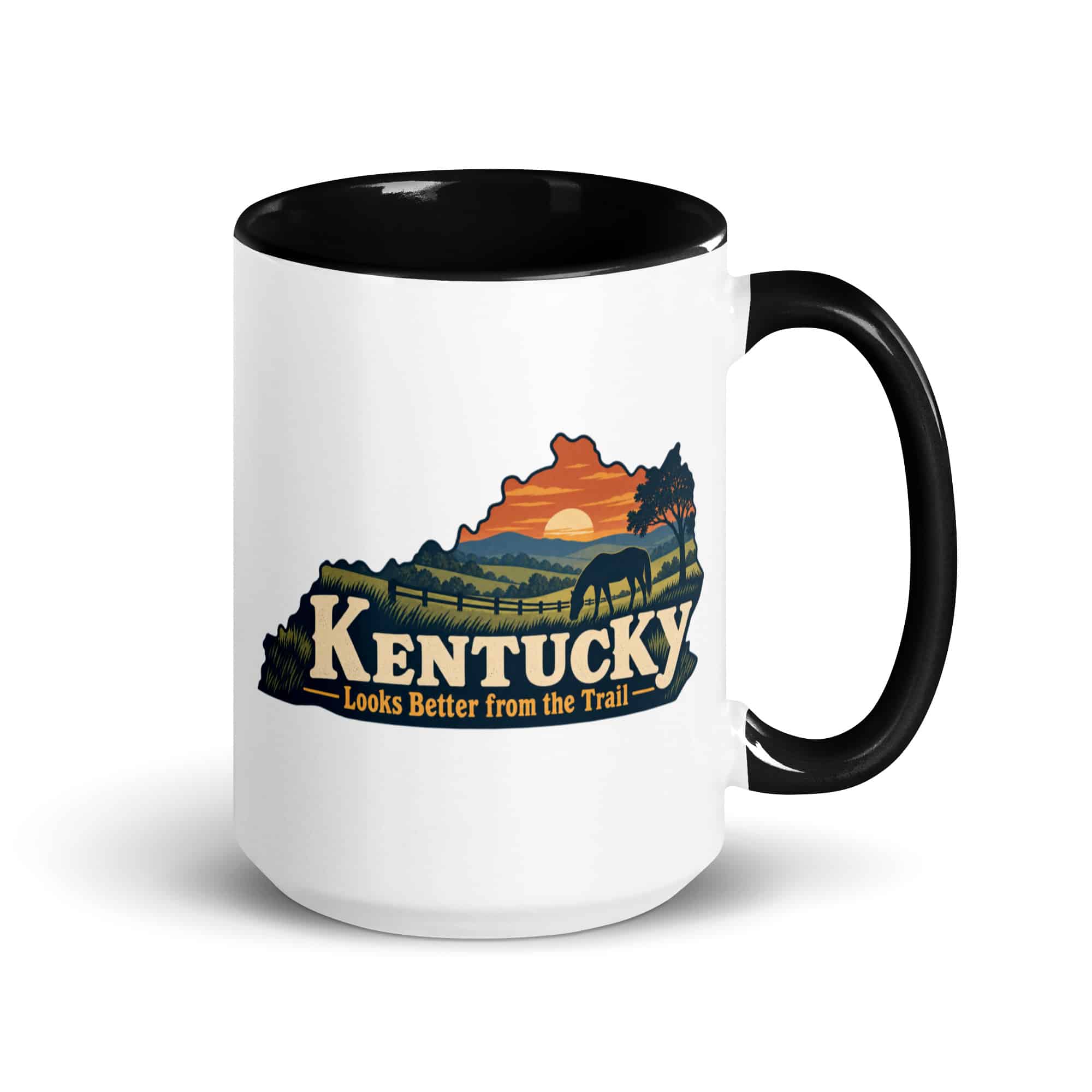 Kentucky Color Inside Coffee Mug: Rolling pasture and horse silhouette, Colorful Kentucky Silhouette
