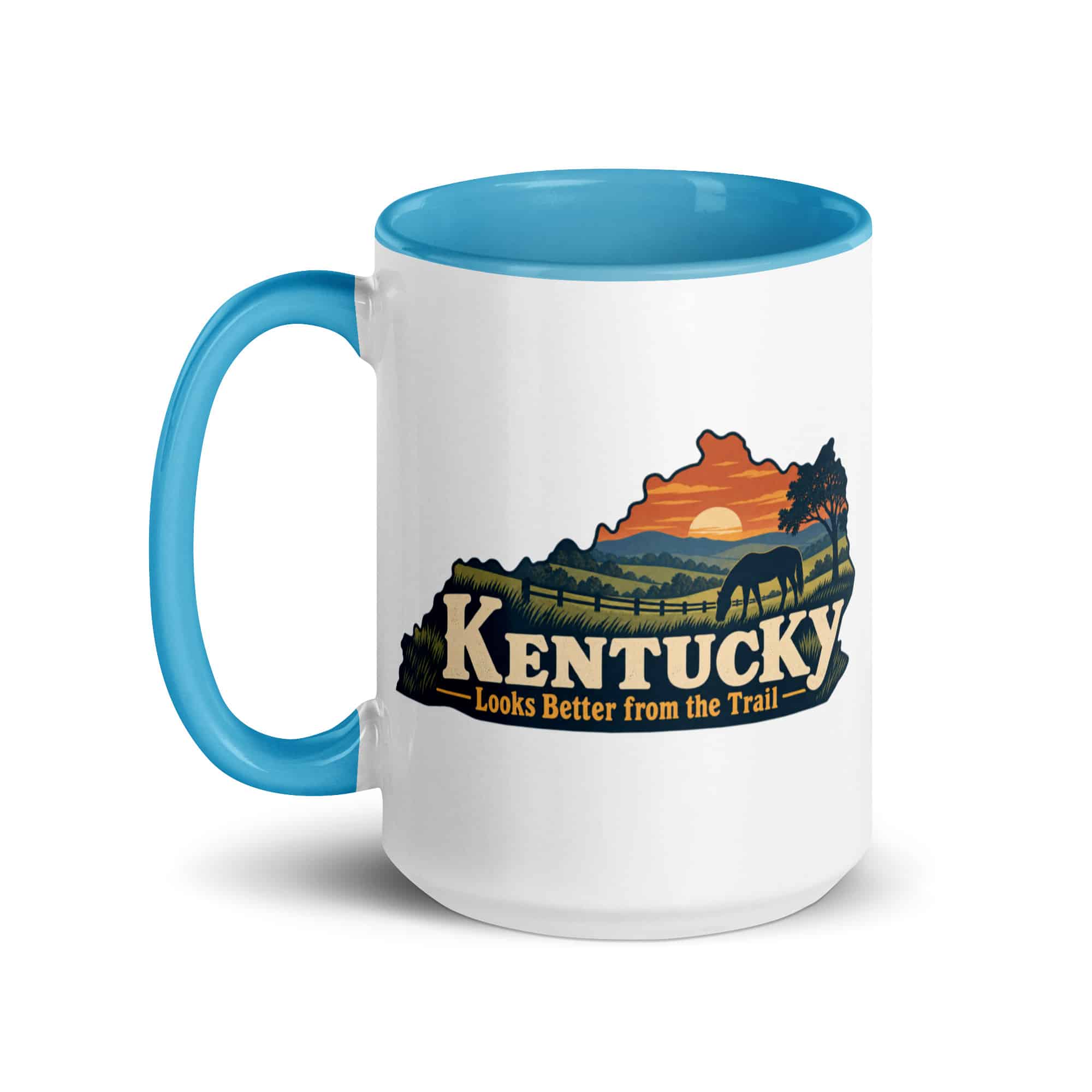 Kentucky Color Inside Coffee Mug: Rolling pasture and horse silhouette, Colorful Kentucky Silhouette