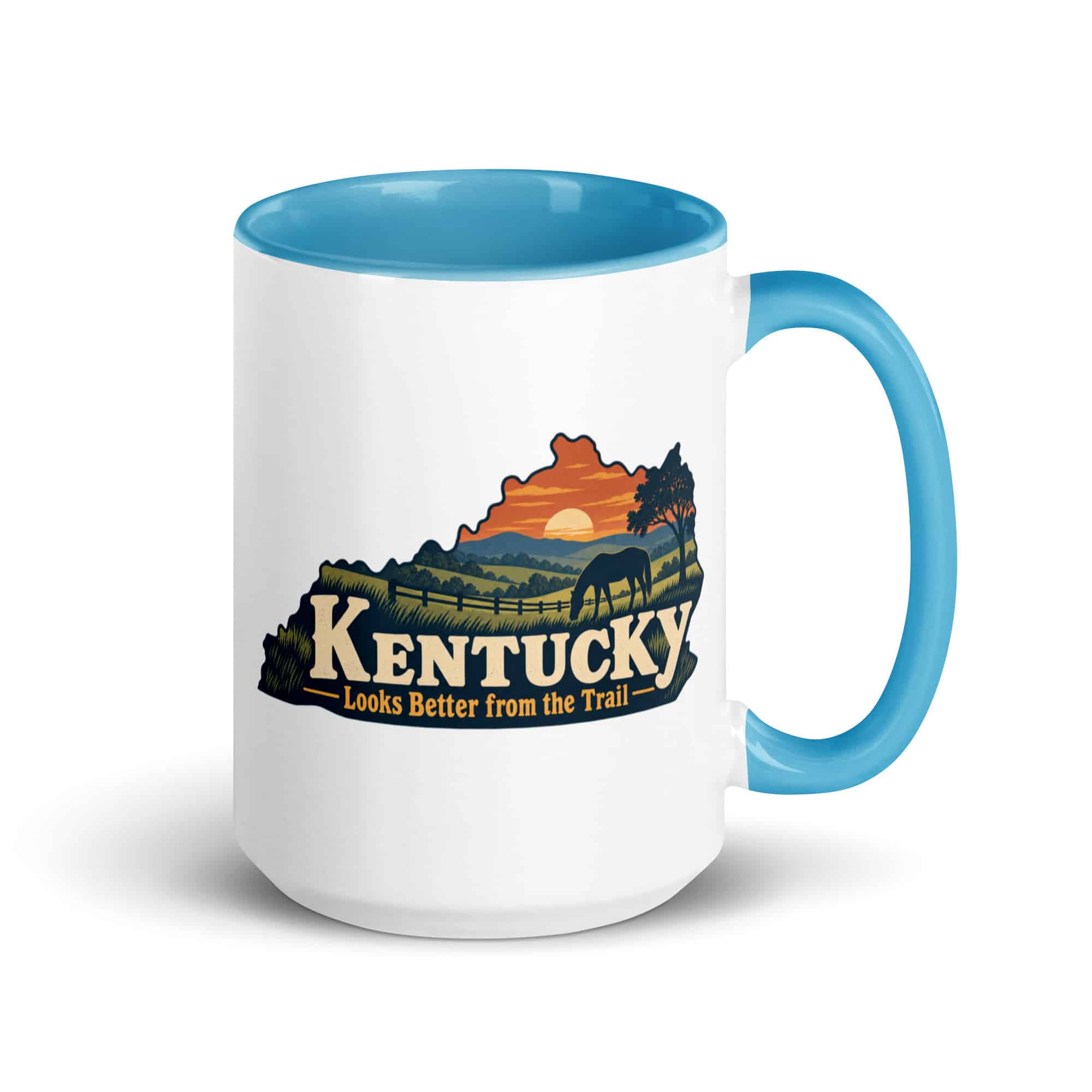 Kentucky Color Inside Coffee Mug: Rolling pasture and horse silhouette, Colorful Kentucky Silhouette