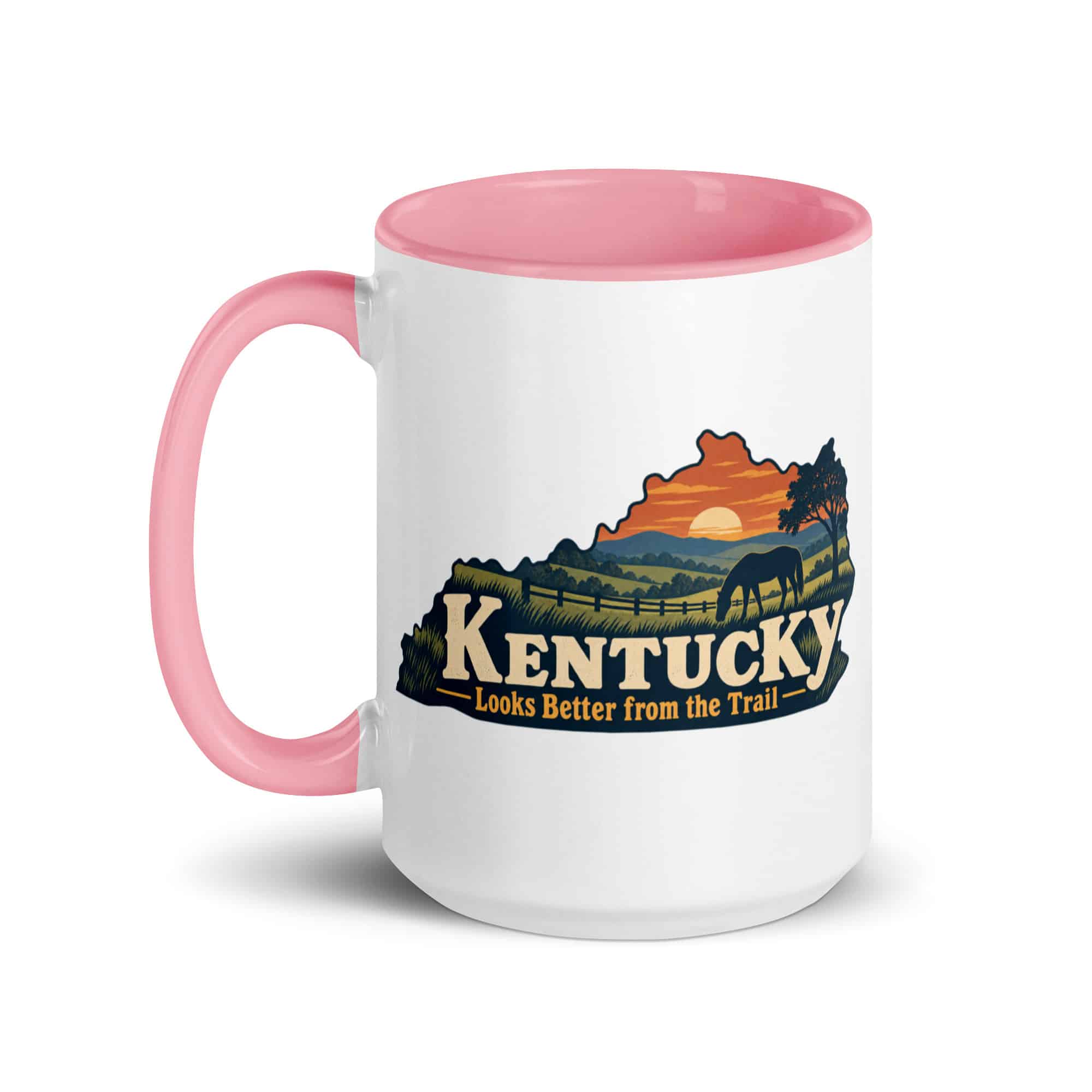 Kentucky Color Inside Coffee Mug: Rolling pasture and horse silhouette, Colorful Kentucky Silhouette